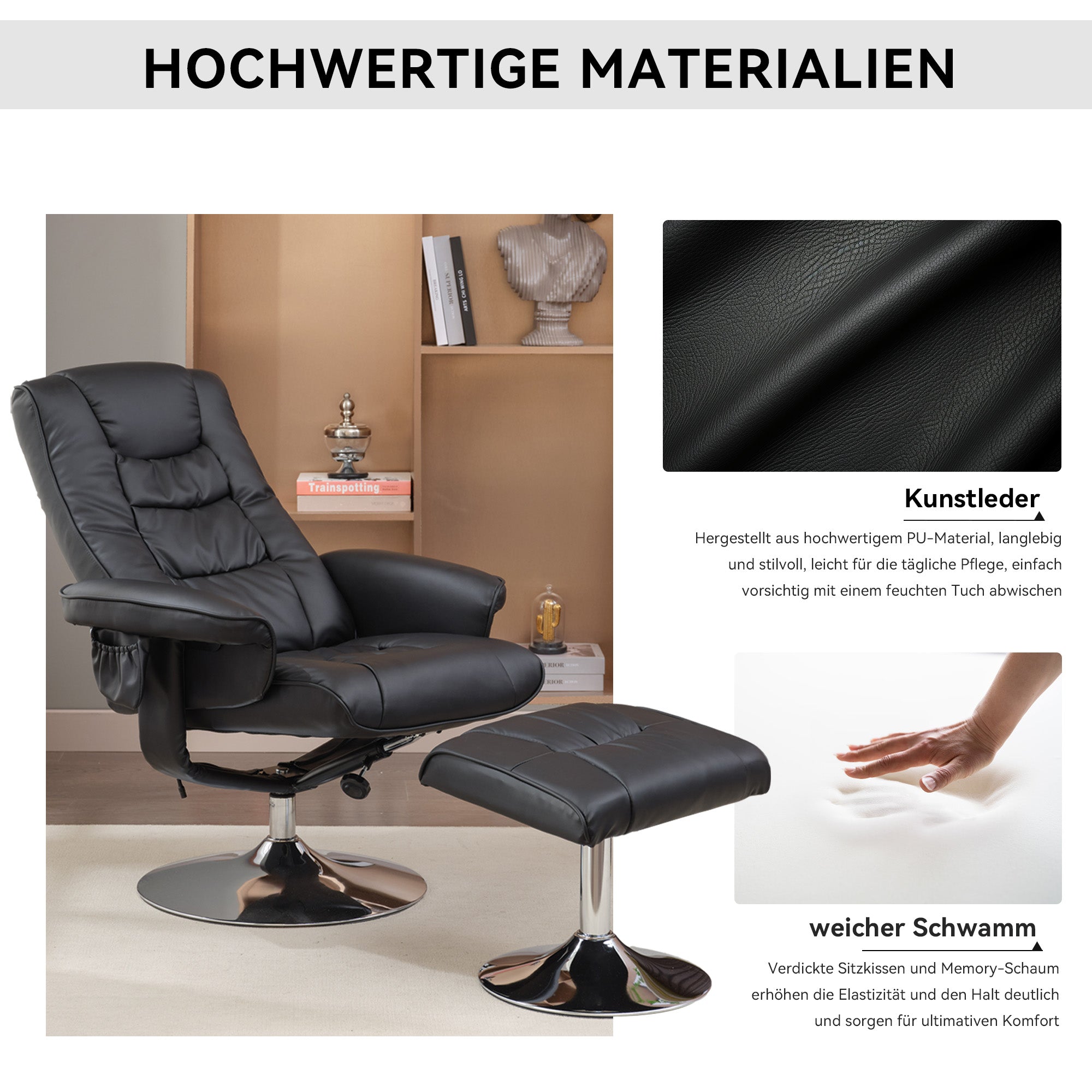 Massage Chair with Ottoman, 5-Point Massager, PU Upholstery, Black
