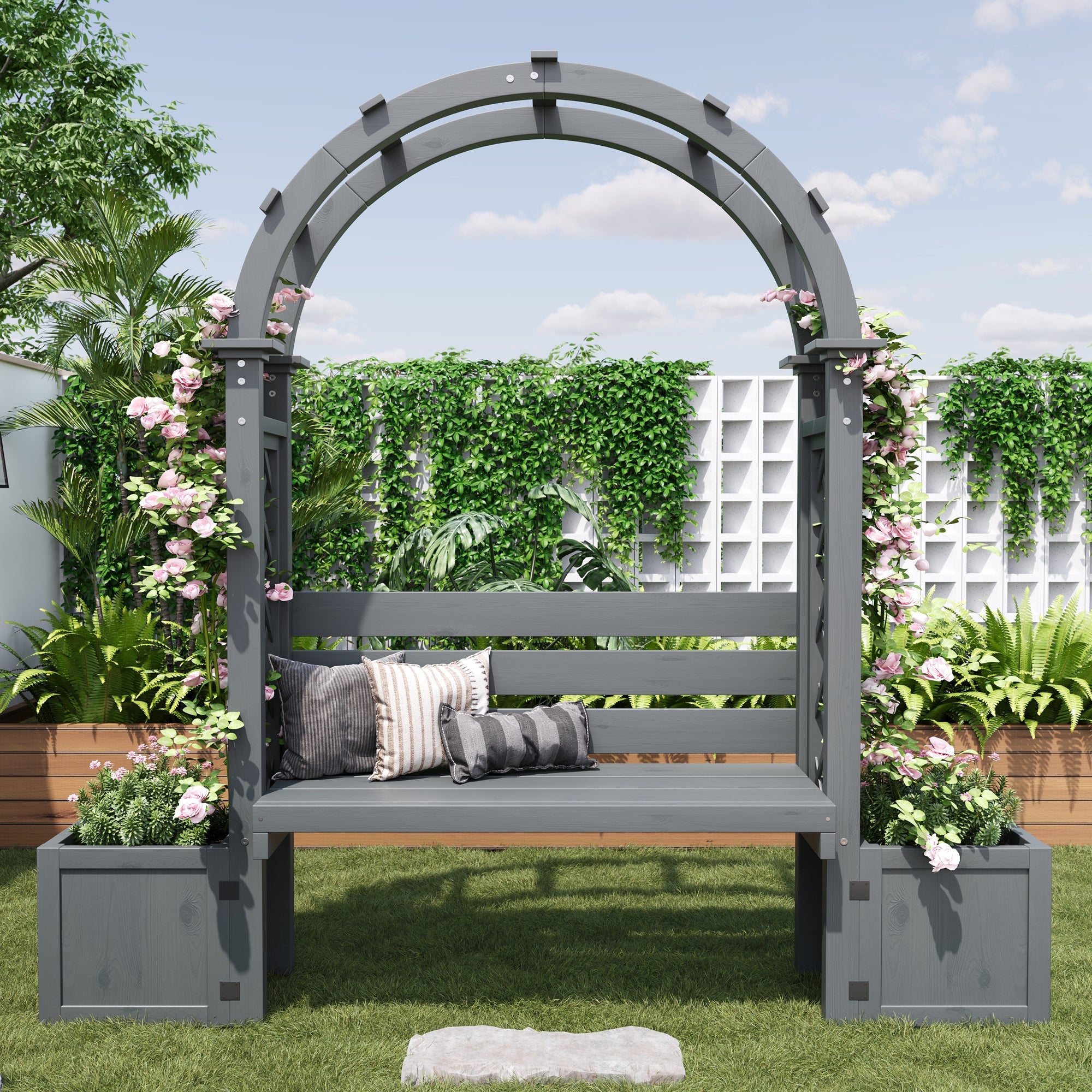 Planter with Trellis and Seating for Garden Yard and Patio, Wood