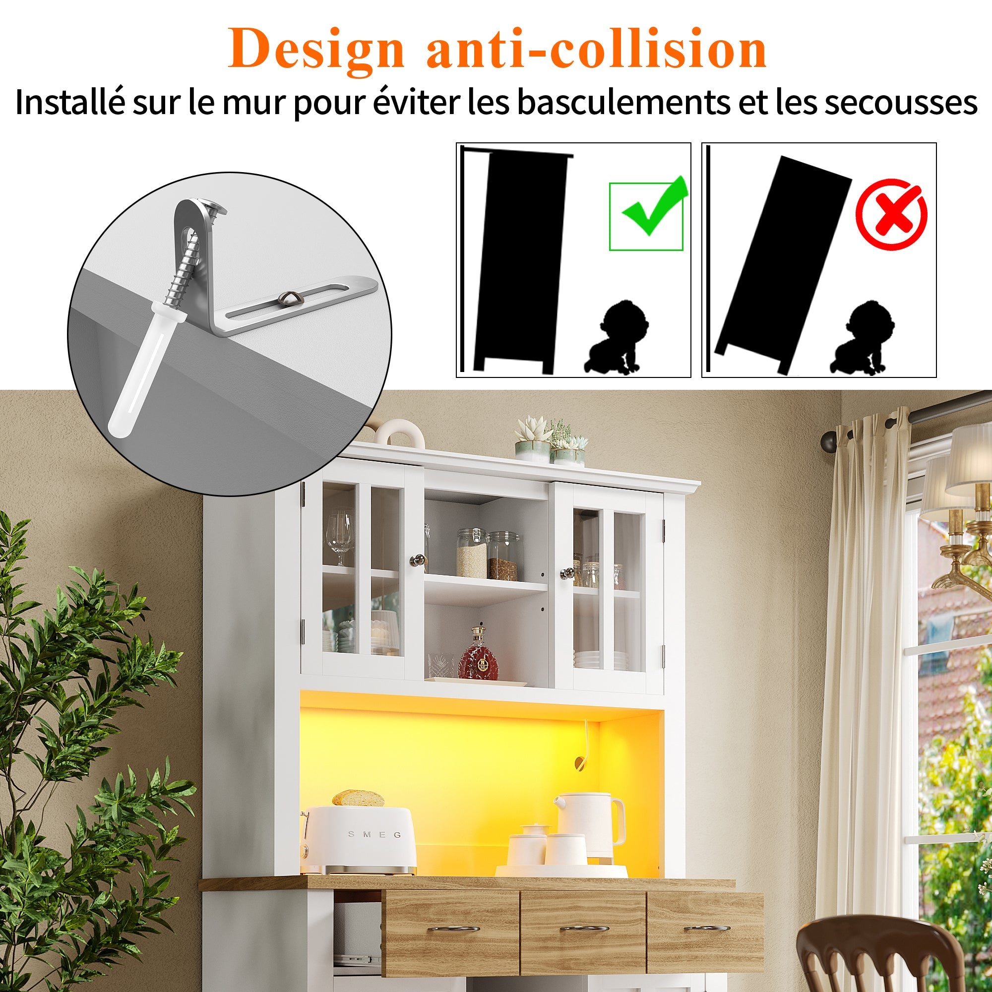 Tall Kitchen Buffet Display Cabinet with LED Lighting, Adjustable Shelves, Wood