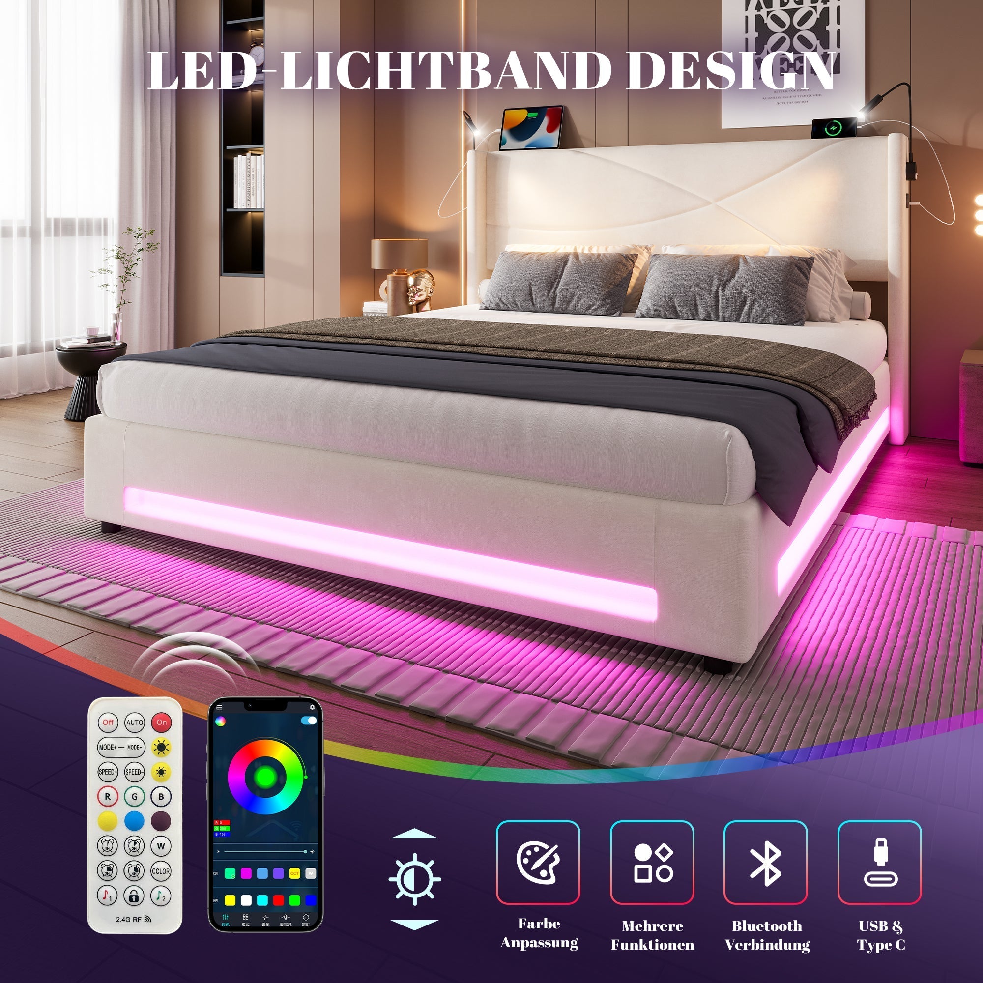 Bed Frame, Modern with Reading Lights, LED, Hydraulic Storage, USB Ports, 140x200cm