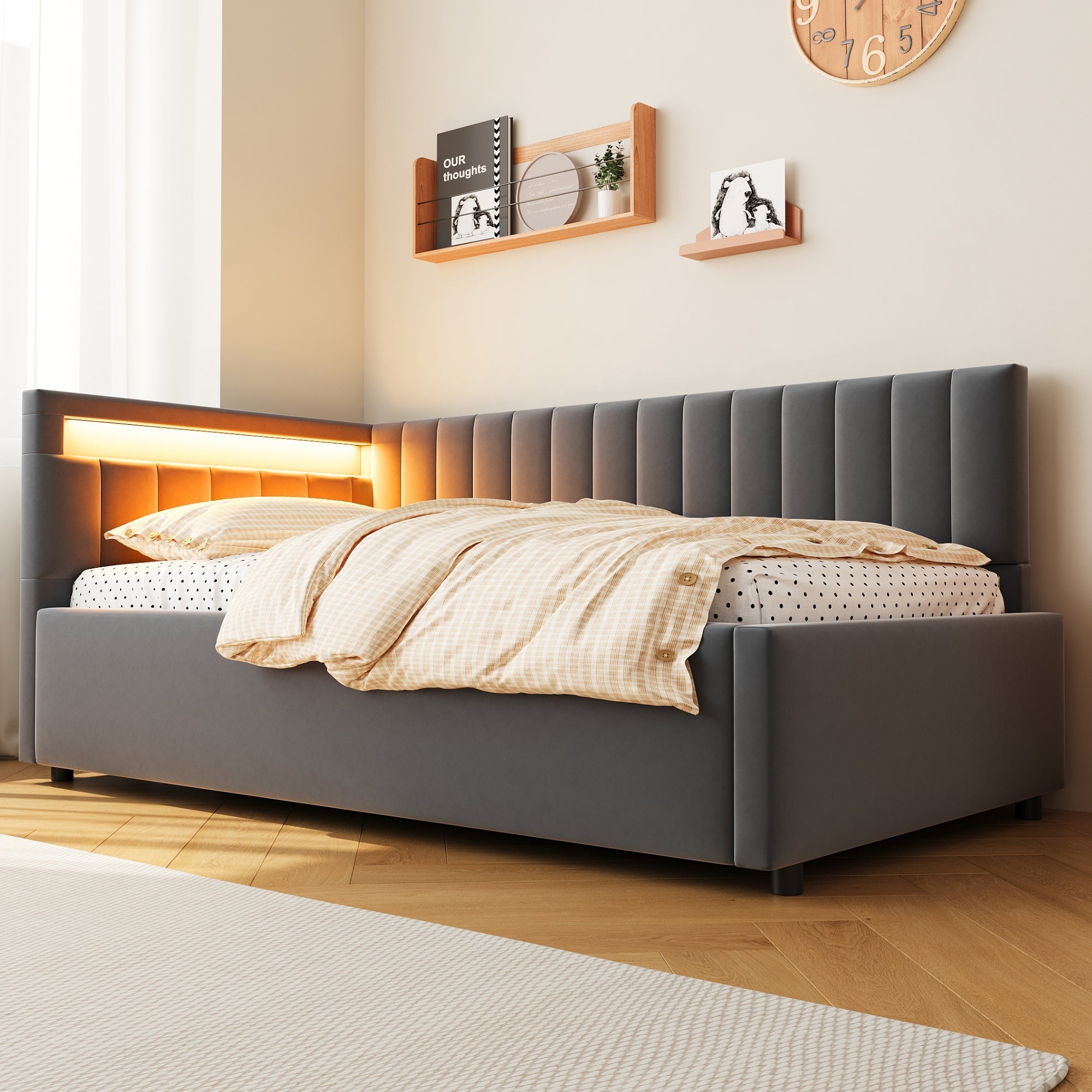 Upholstered Sofa Bed 90x200, with LED & Hydraulic Storage, Velvet Grey