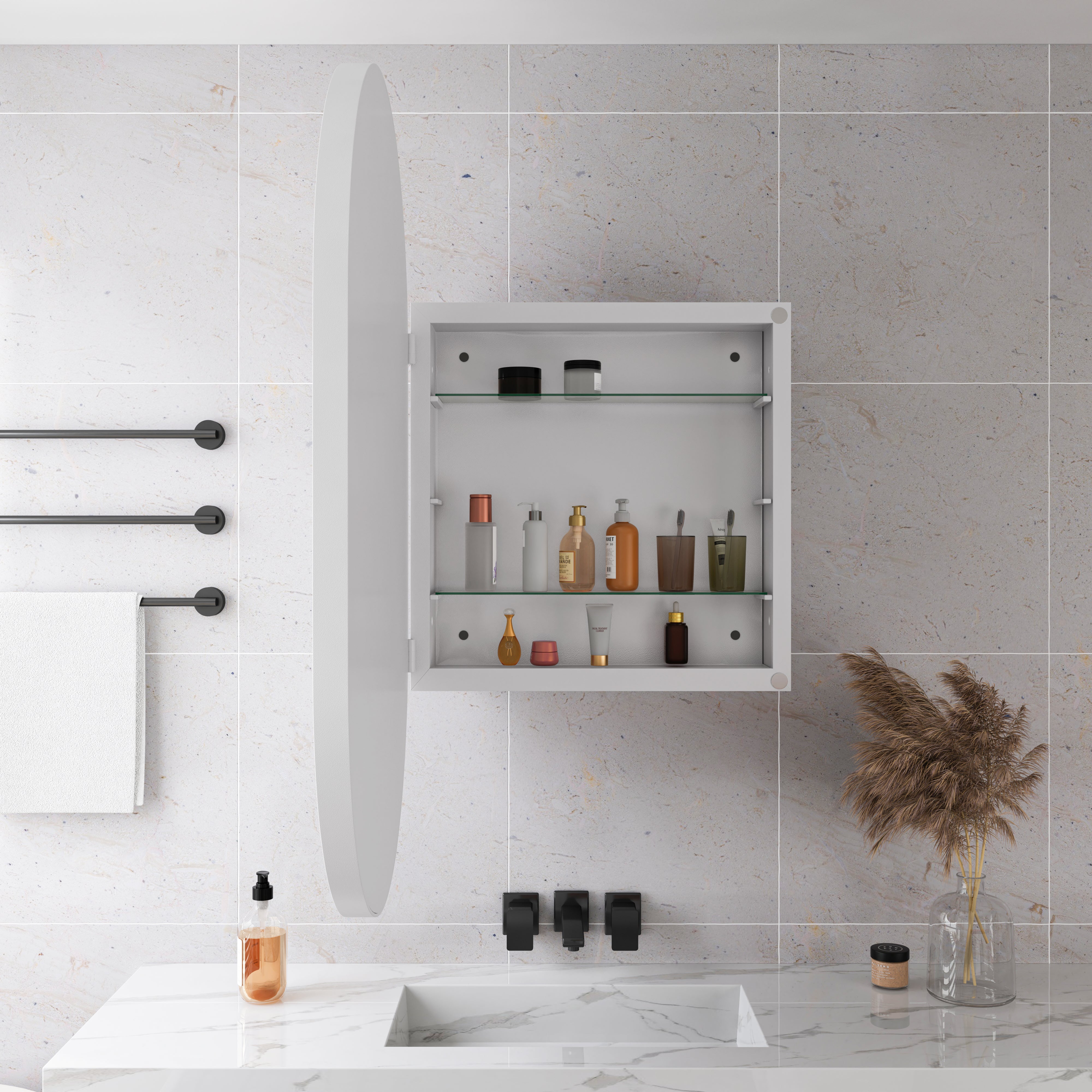 Stylish Oval Mirror Cabinet with Storage & Adjustable Shelves, White