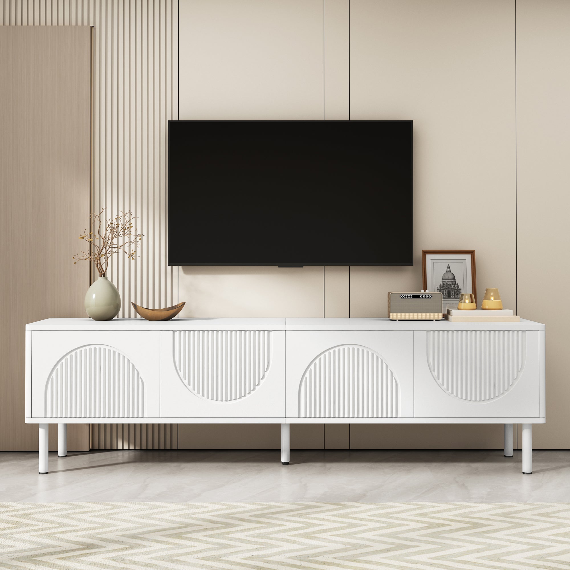 Modern 180cm TV Stand with Storage and Cable Management, White Matte