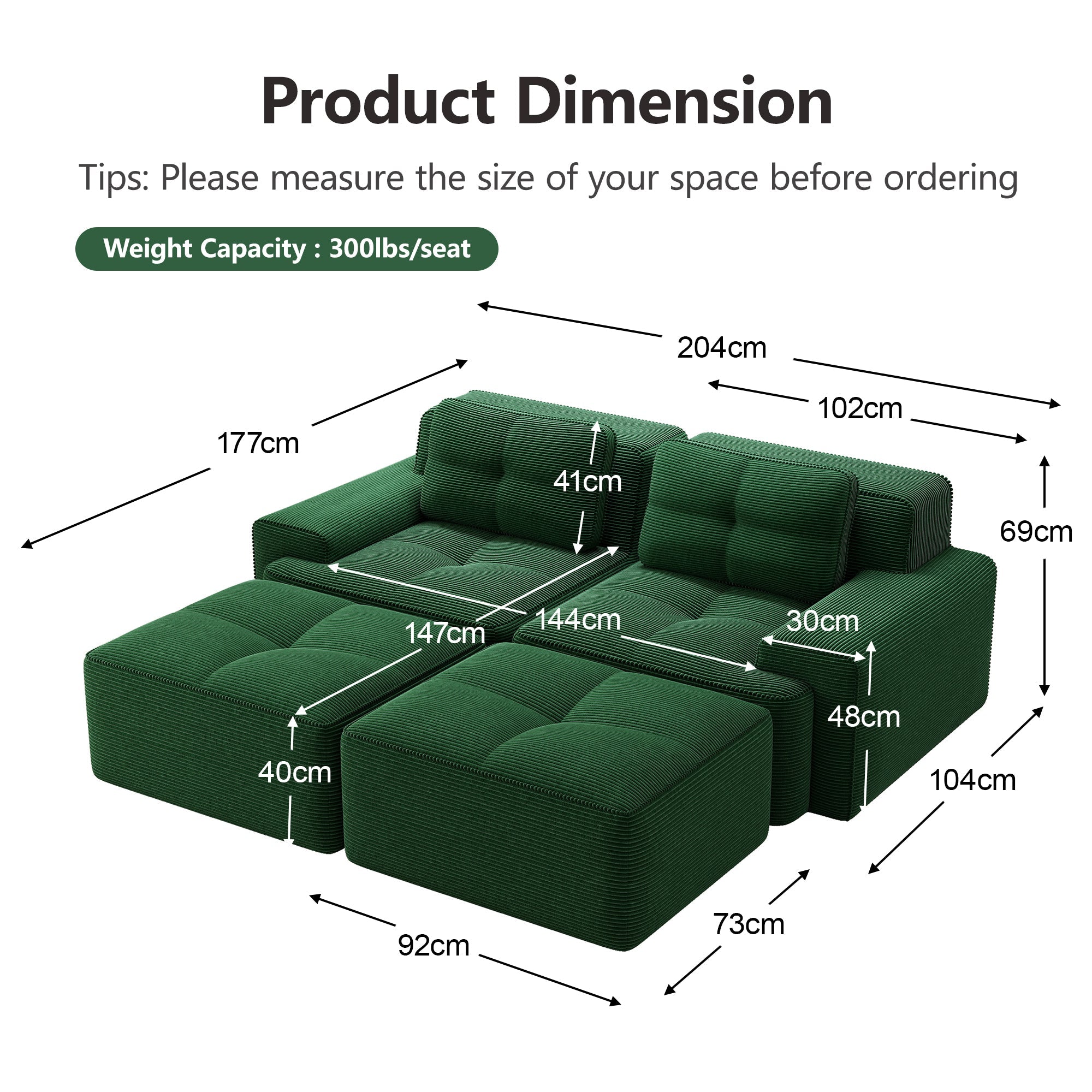 Cloud Modular Sofa U-Shape with Ottoman Deep Seat - Corduroy Green
