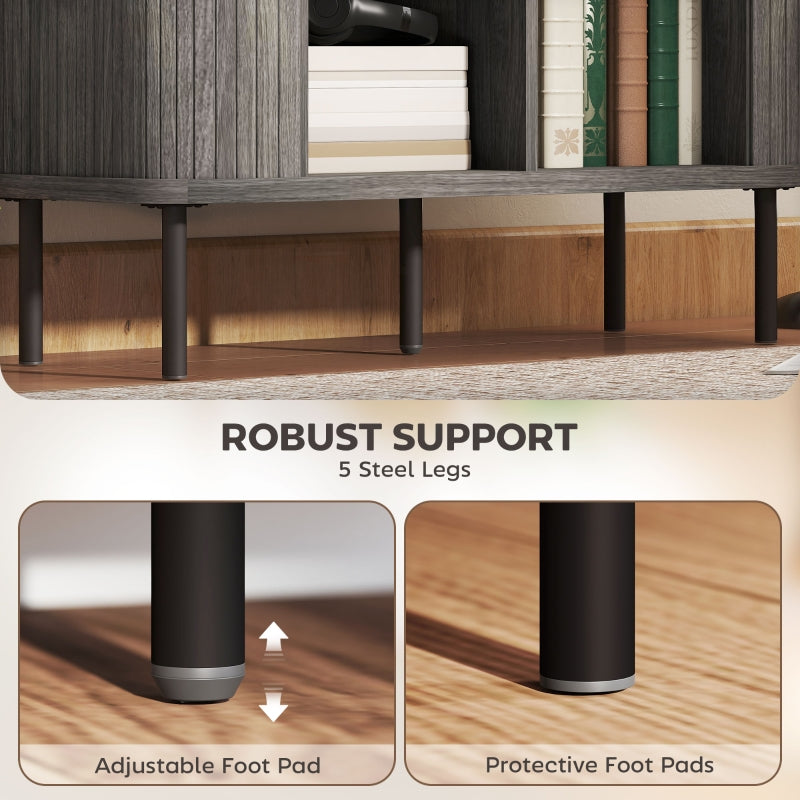 Mid-Century Modern Sideboard Storage Cabinet Slatted Tambour Sliding Doors Steel Legs Grey