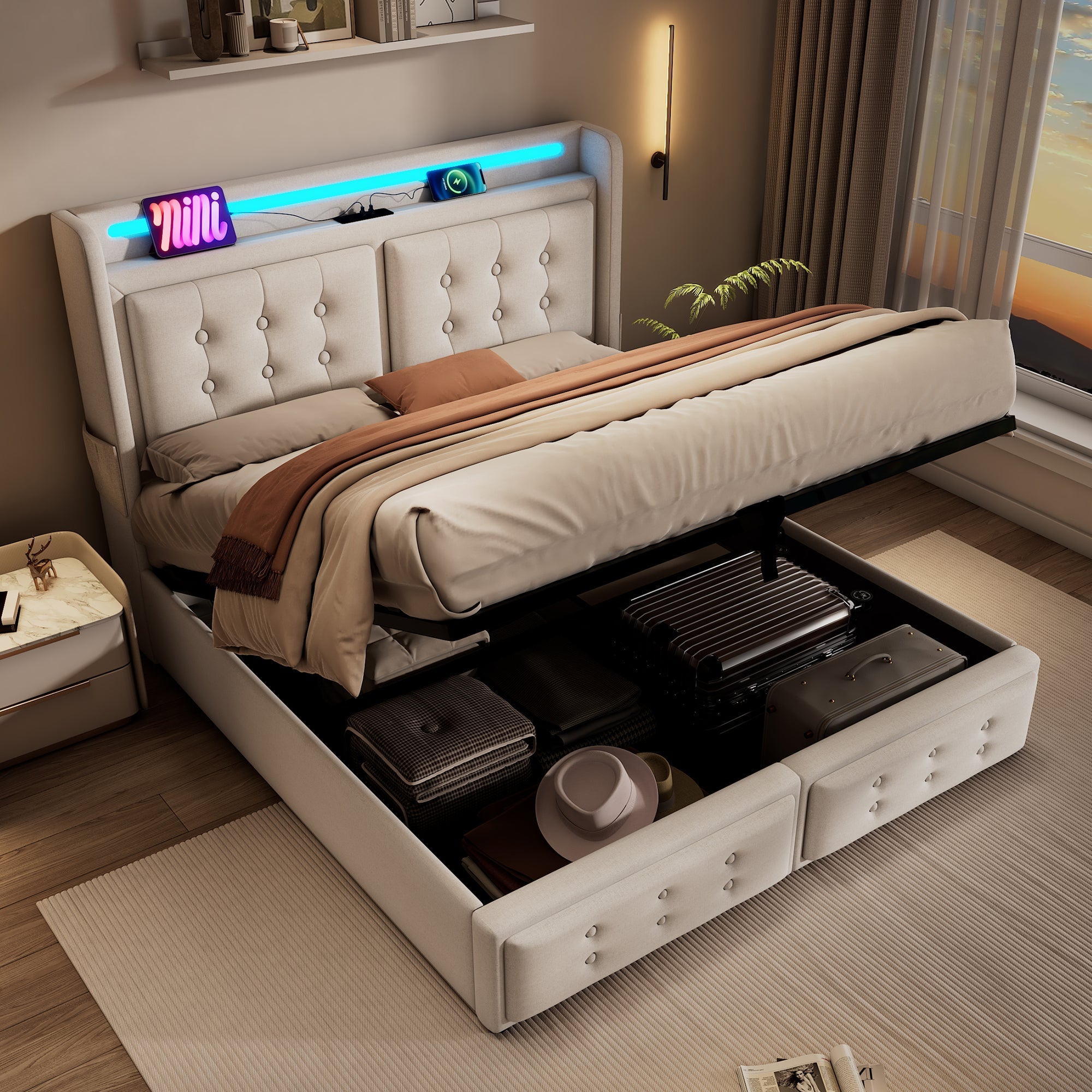 Upholstered Bed 140x200 LED USB Hydraulic Storage, Beige Cotton