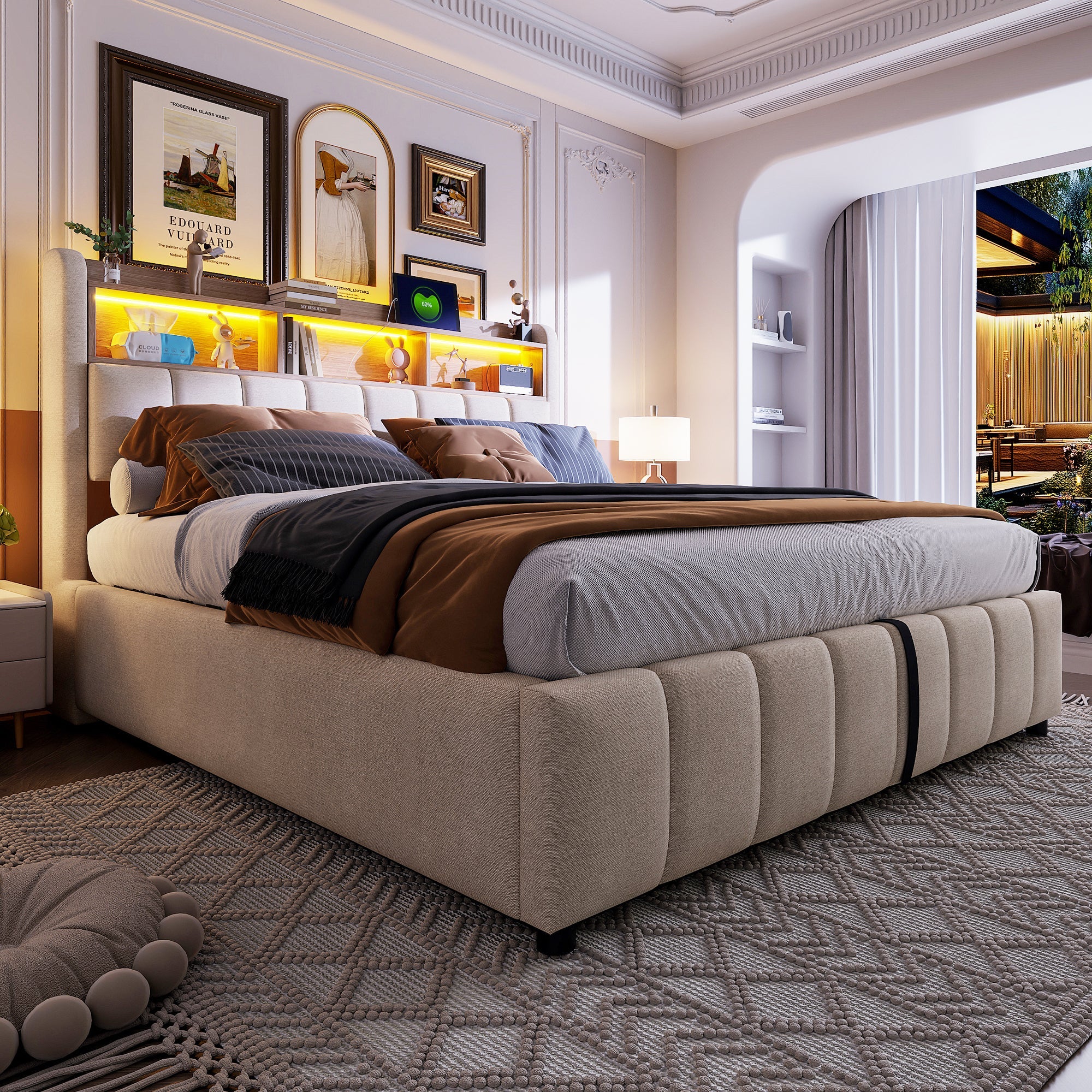 Upholstered Bed 180x200cm LED/USB, Hydraulic Storage Headboard, Beige Linen Fabric