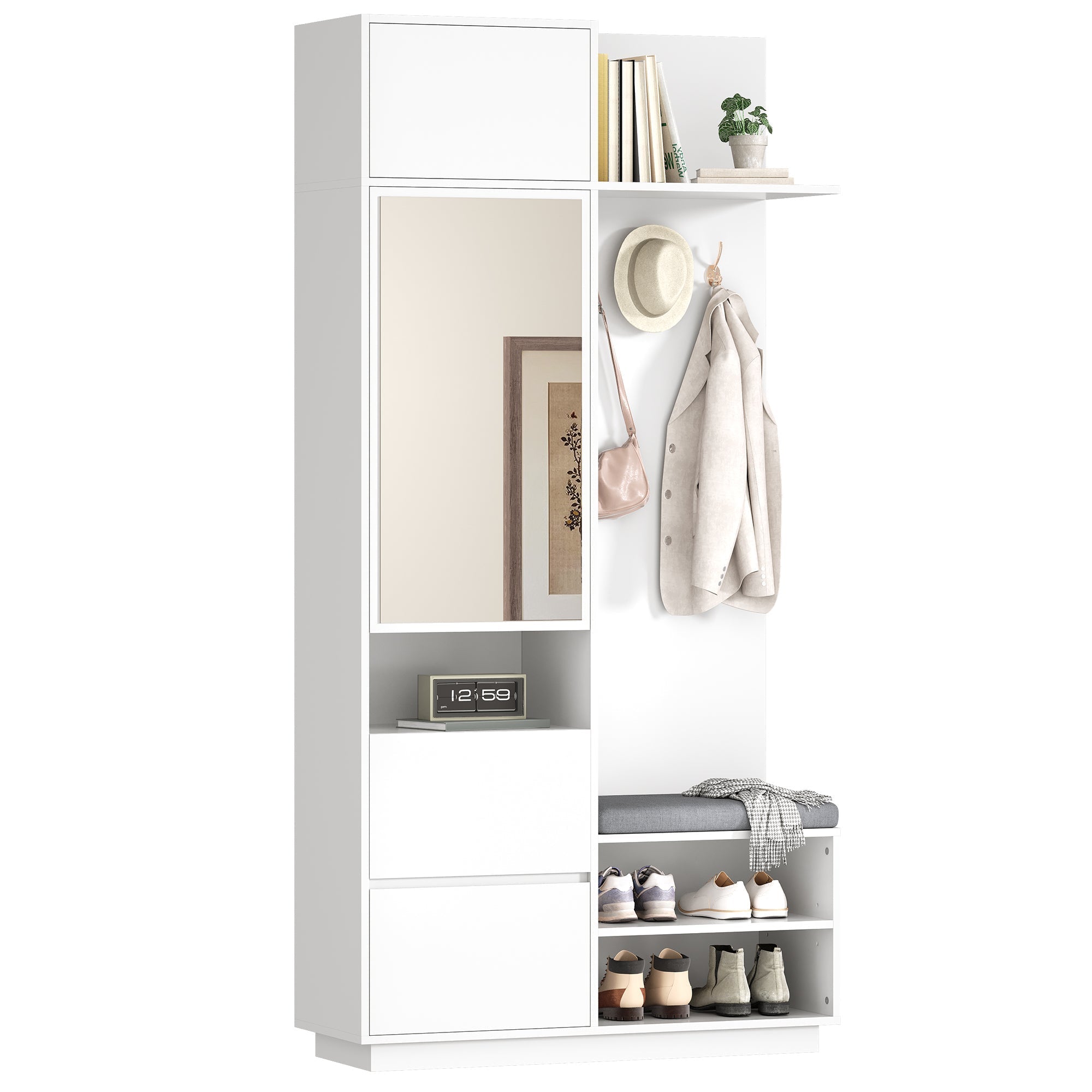 Compact Wardrobe with Mirror, Bench & Shoe Cabinet, White MDF
