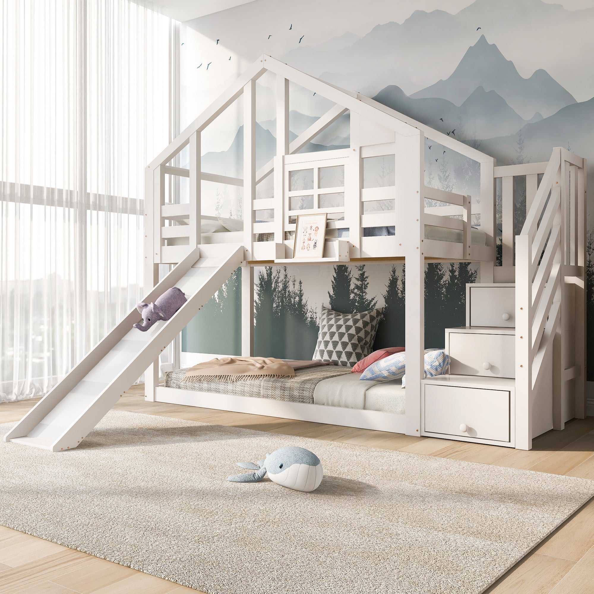 Children's Bed Tree House 90x200cm, Bunk Bed with Slide & Fall Protection, White