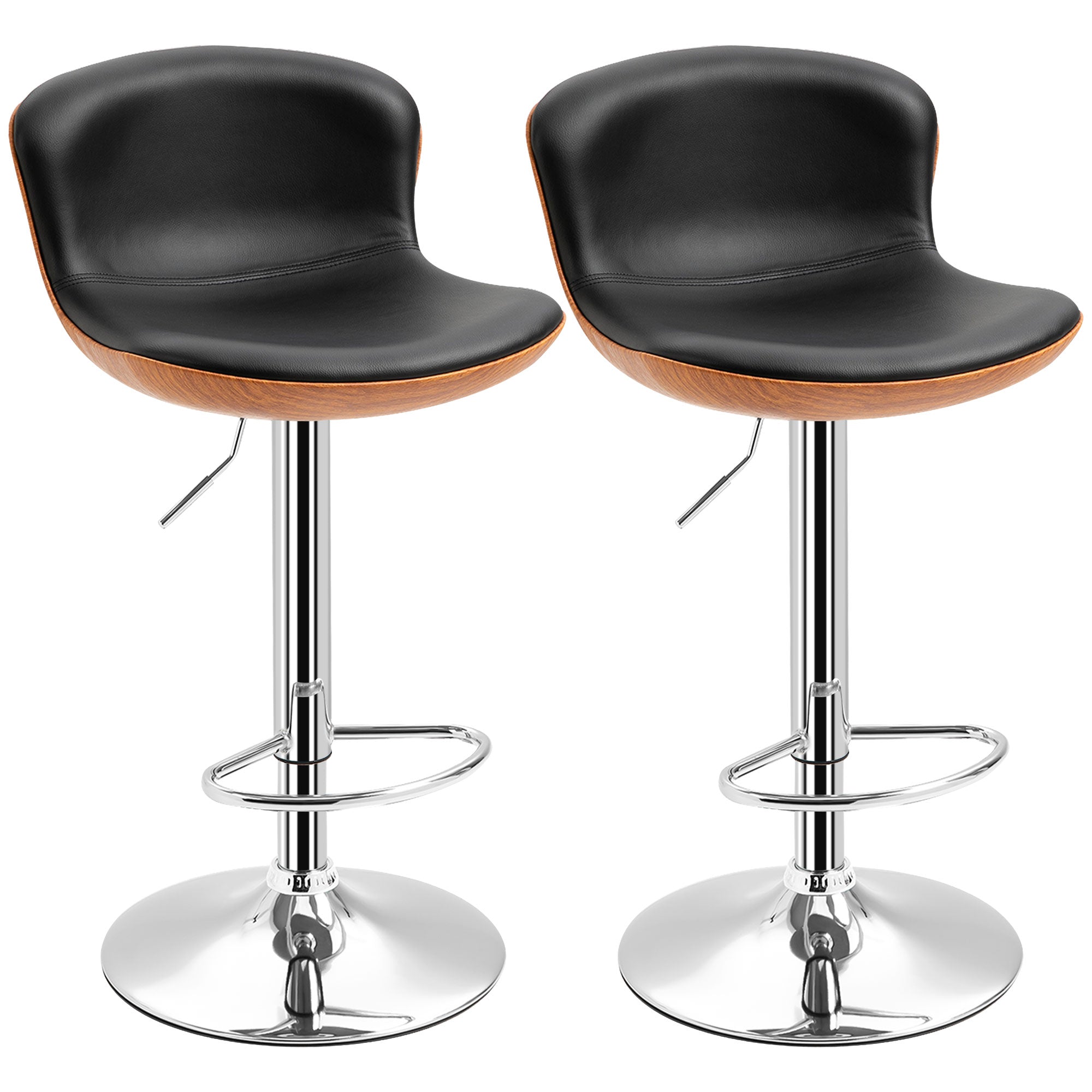 Kitchen Bar Stool Set of 2, Height-Adjustable Swivel with Footrest & Backrest, Faux Leather Black