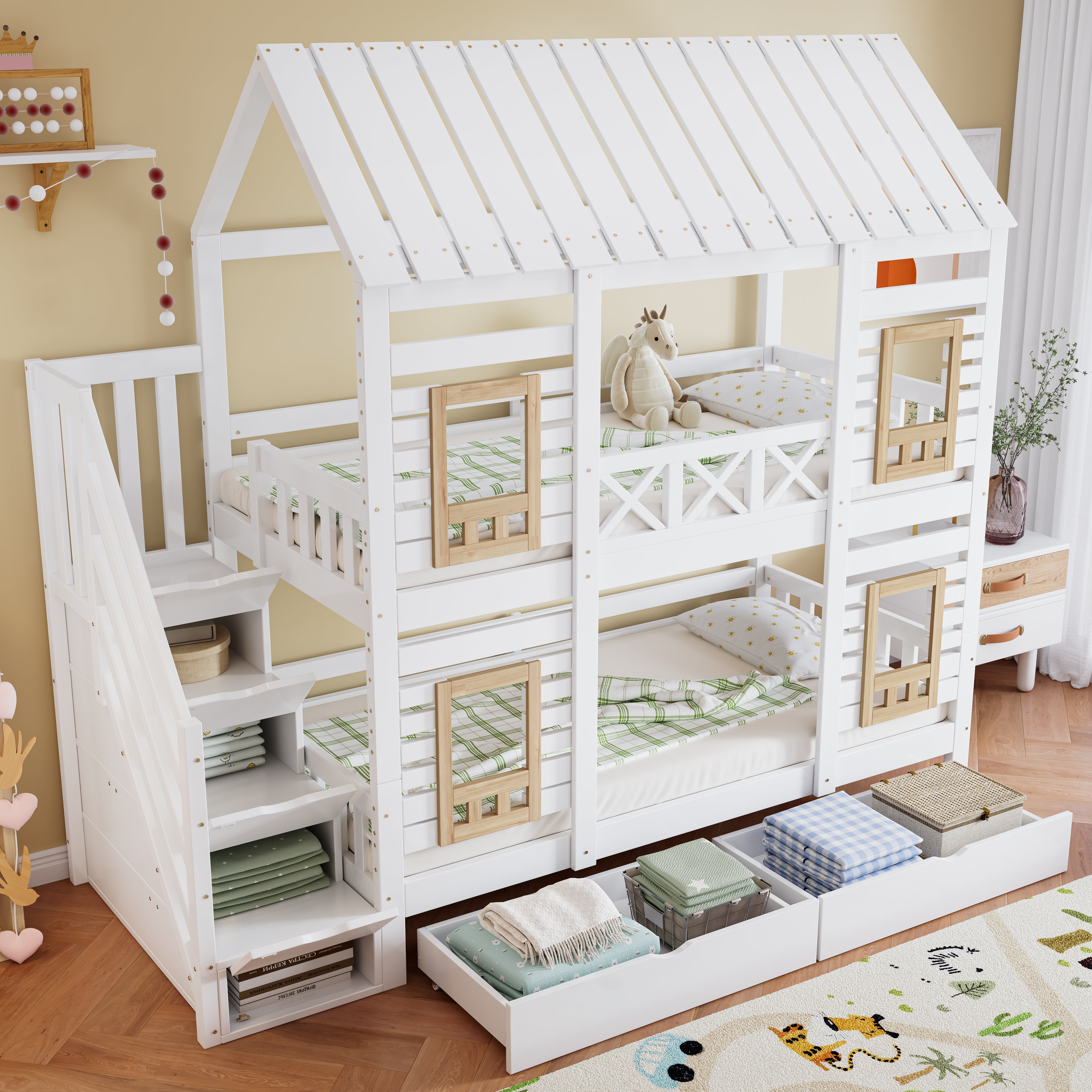 Bunk Bed Children's 90x200cm Safety Rail Storage Drawers Stairs, Pine+MDF White/Natural