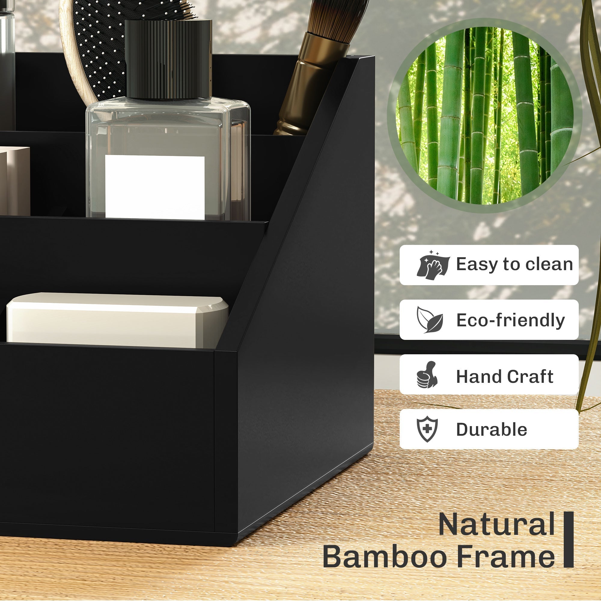 Desk Organiser Holder Multi-Function with 7 Compartments 2 Drawers Bamboo Black