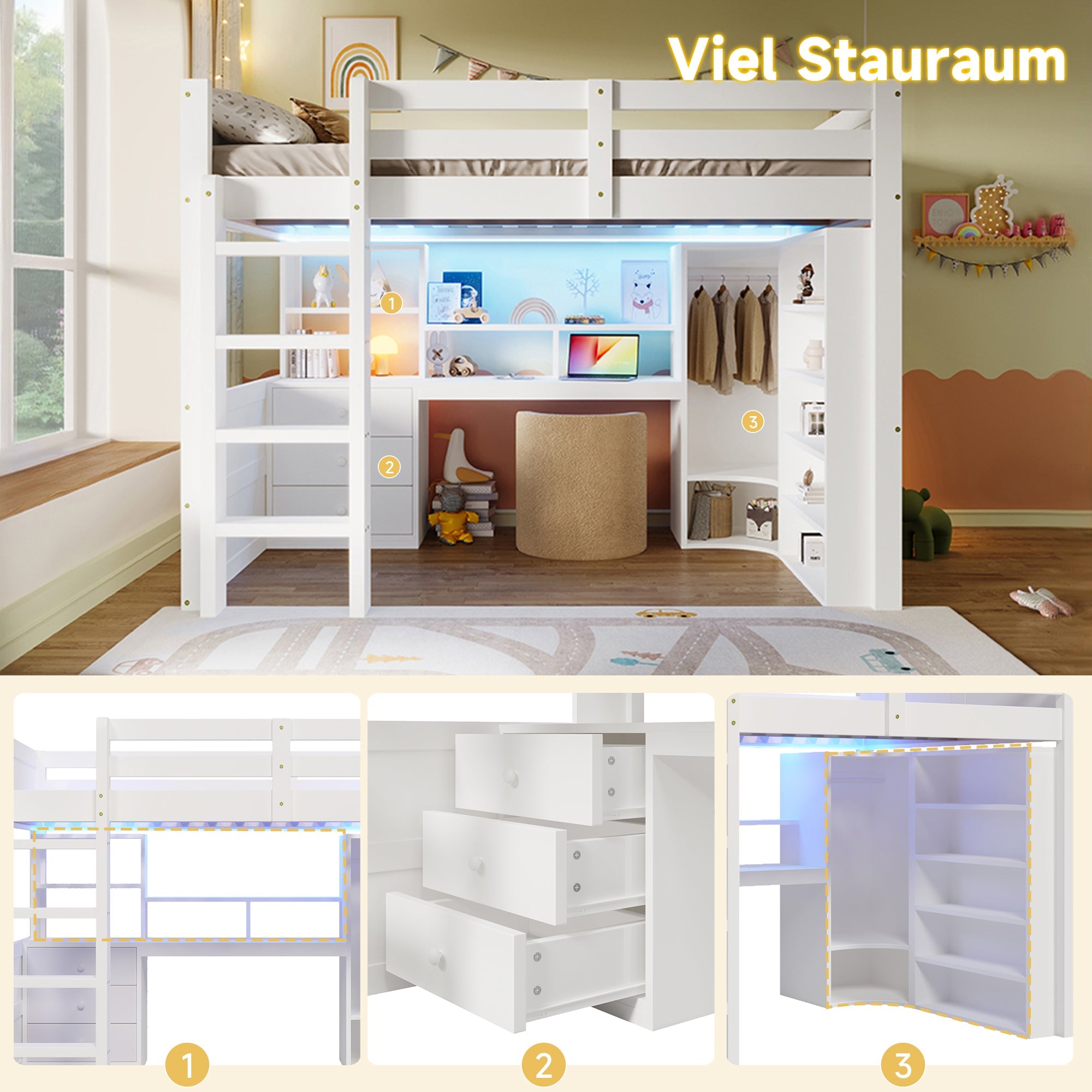 Loft Bed 140x200cm with LED Lights, Wardrobe, Desk, Drawers, Storage, White
