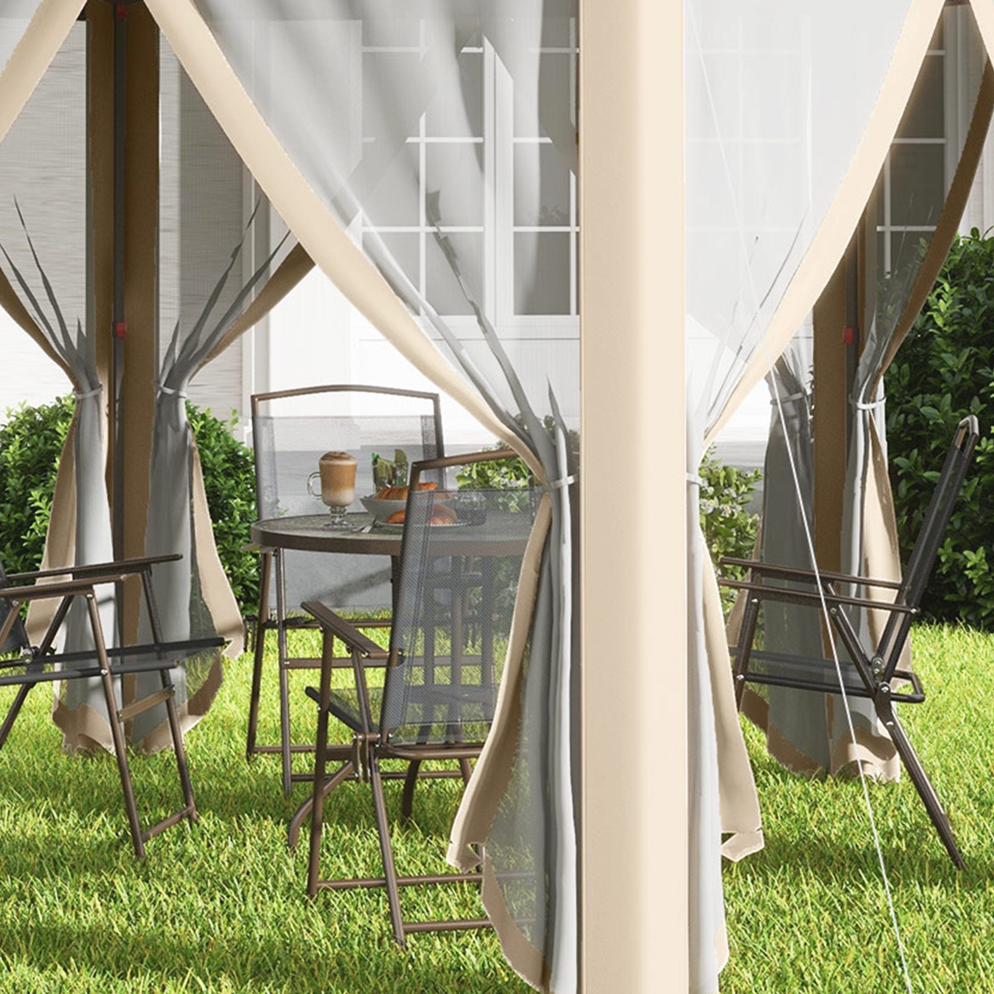 Pop-up Folding Pavilion, Hexagonal 4x4m Water UV-Resistant Double Roof, Polyester Beige/Khaki