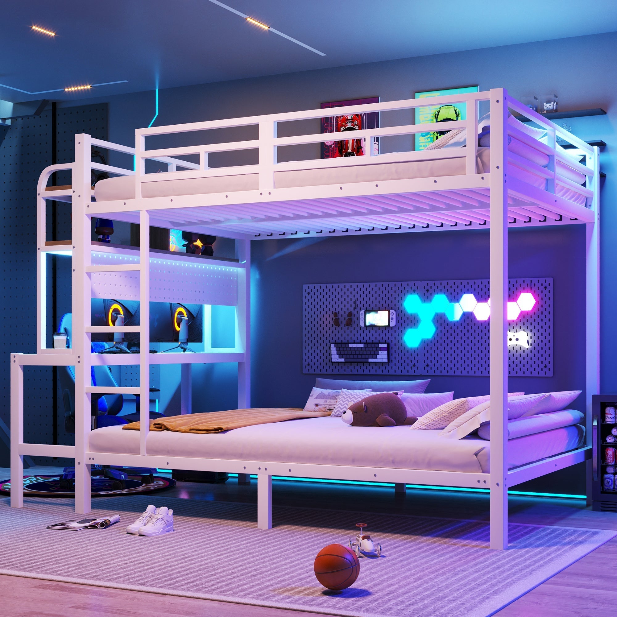 Bunk Bed 140x200cm Iron Frame Desk Storage LED Light USB White