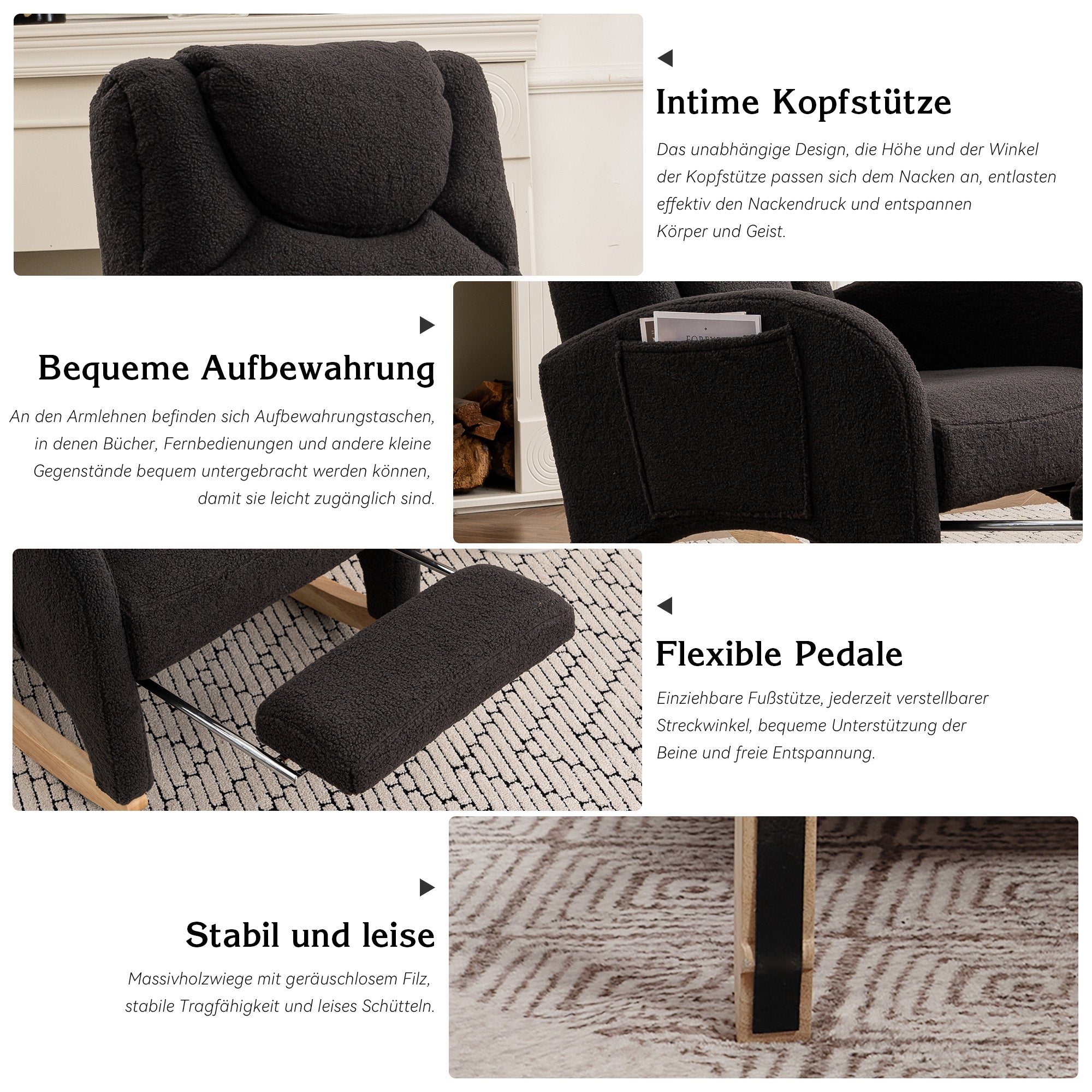 052 Rocking Chair, Upholstered with Armrest, Dark Grey Teddy Fabric