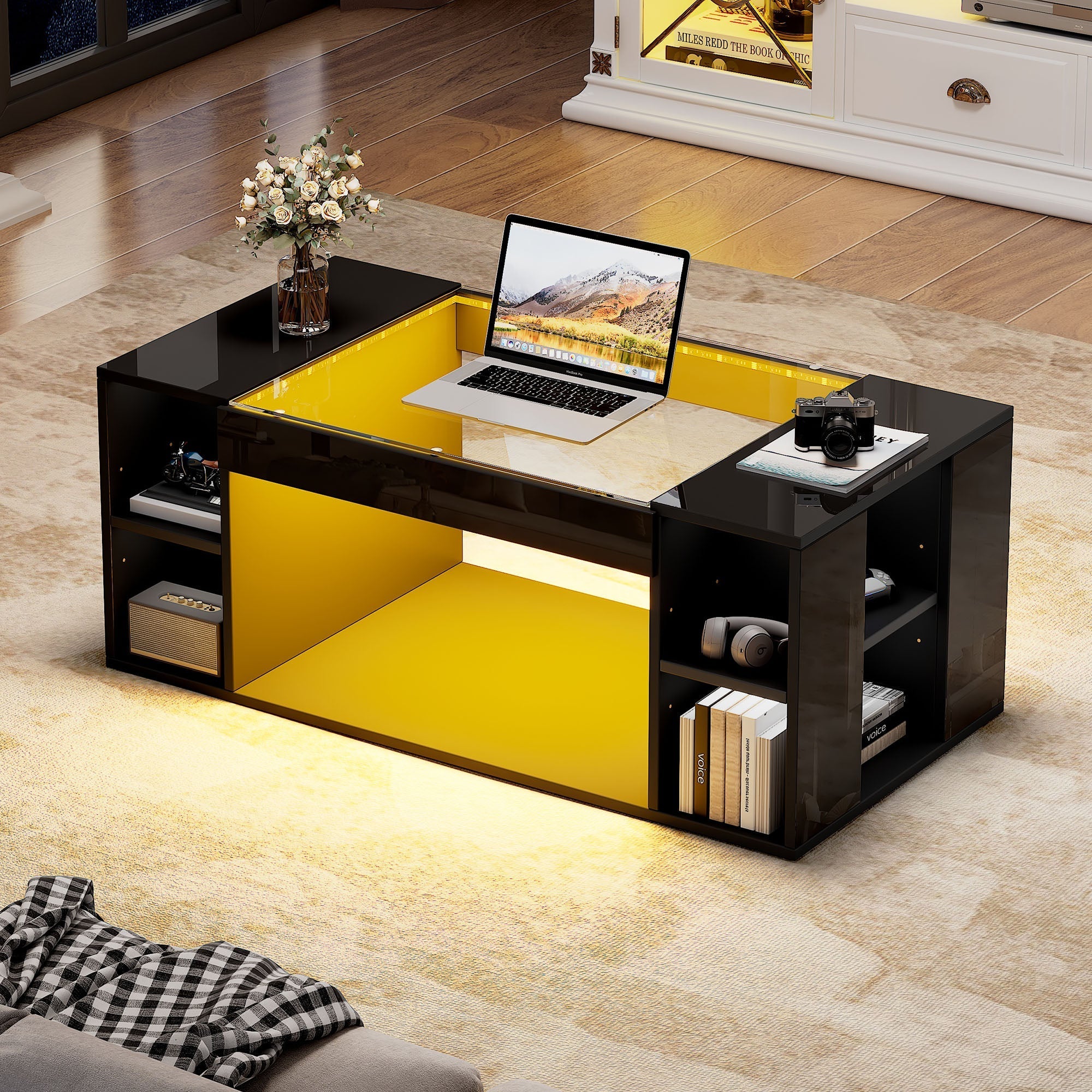 Coffee Table 100x50x40cm LED High-Gloss Tempered Glass Black