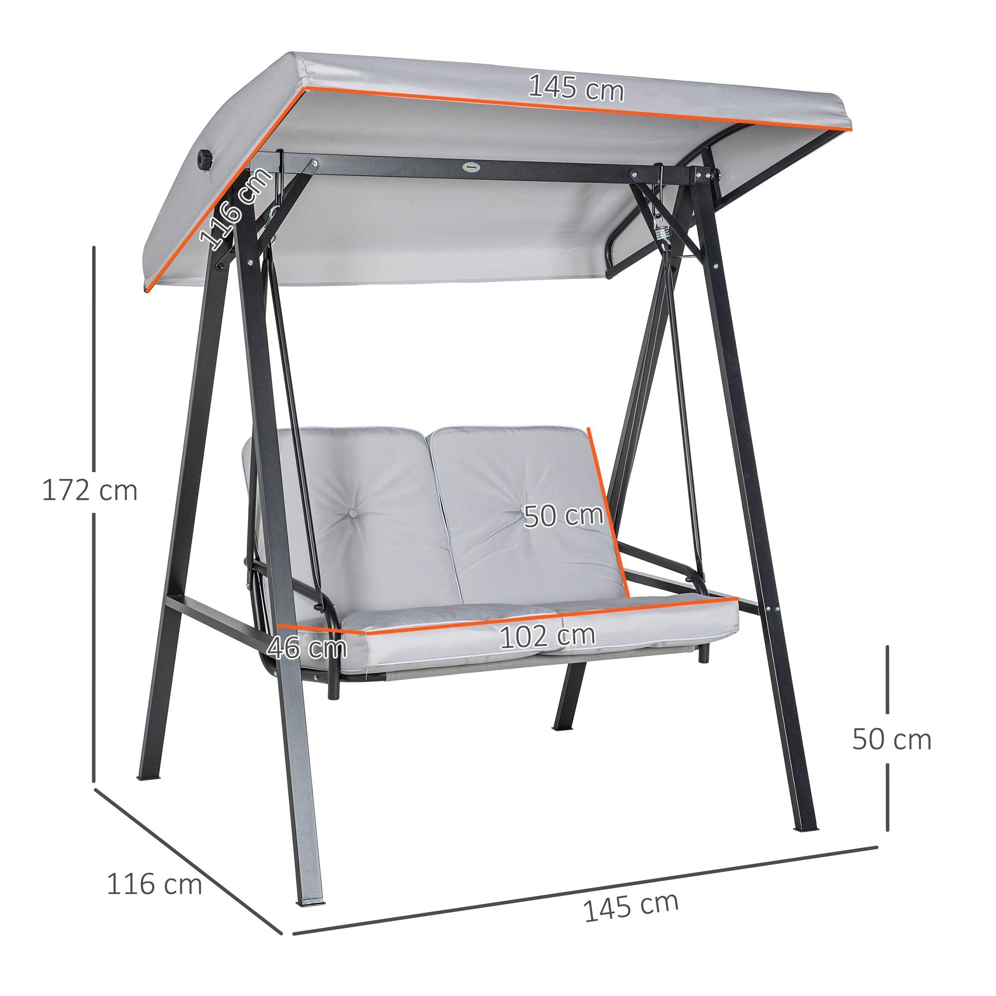 Hollywood Swing 2-Seater with Adjustable Canopy & Cushions, 220kg Capacity, Grey