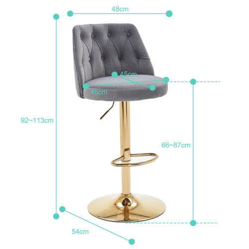 Modern Bar Stool Adjustable Height Tufted Backrest Footrest Set of 2, Velvet Grey