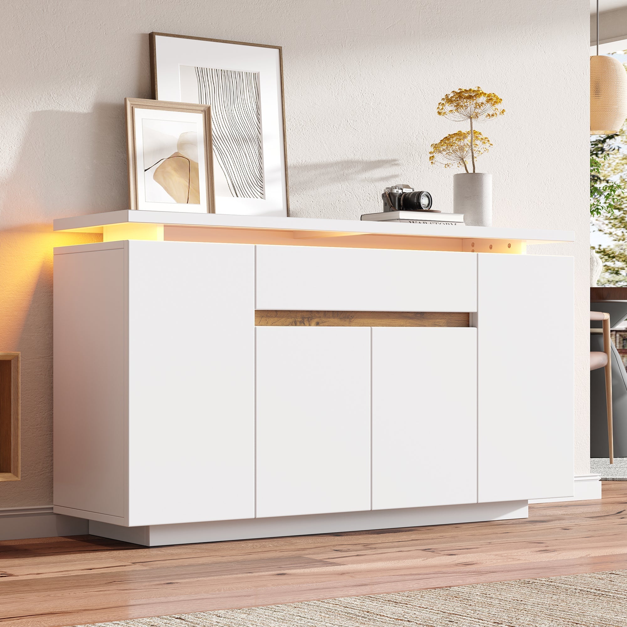 Sideboard Chest of Drawers LED Lighting 1 Drawer 4 Door Storage White