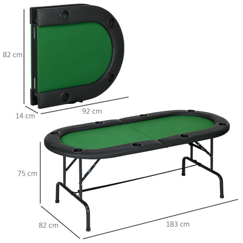 8 Player Folding Poker Table, Oval Portable Blackjack Casino Table with Cup Holder, Felt Top, Green and Black
