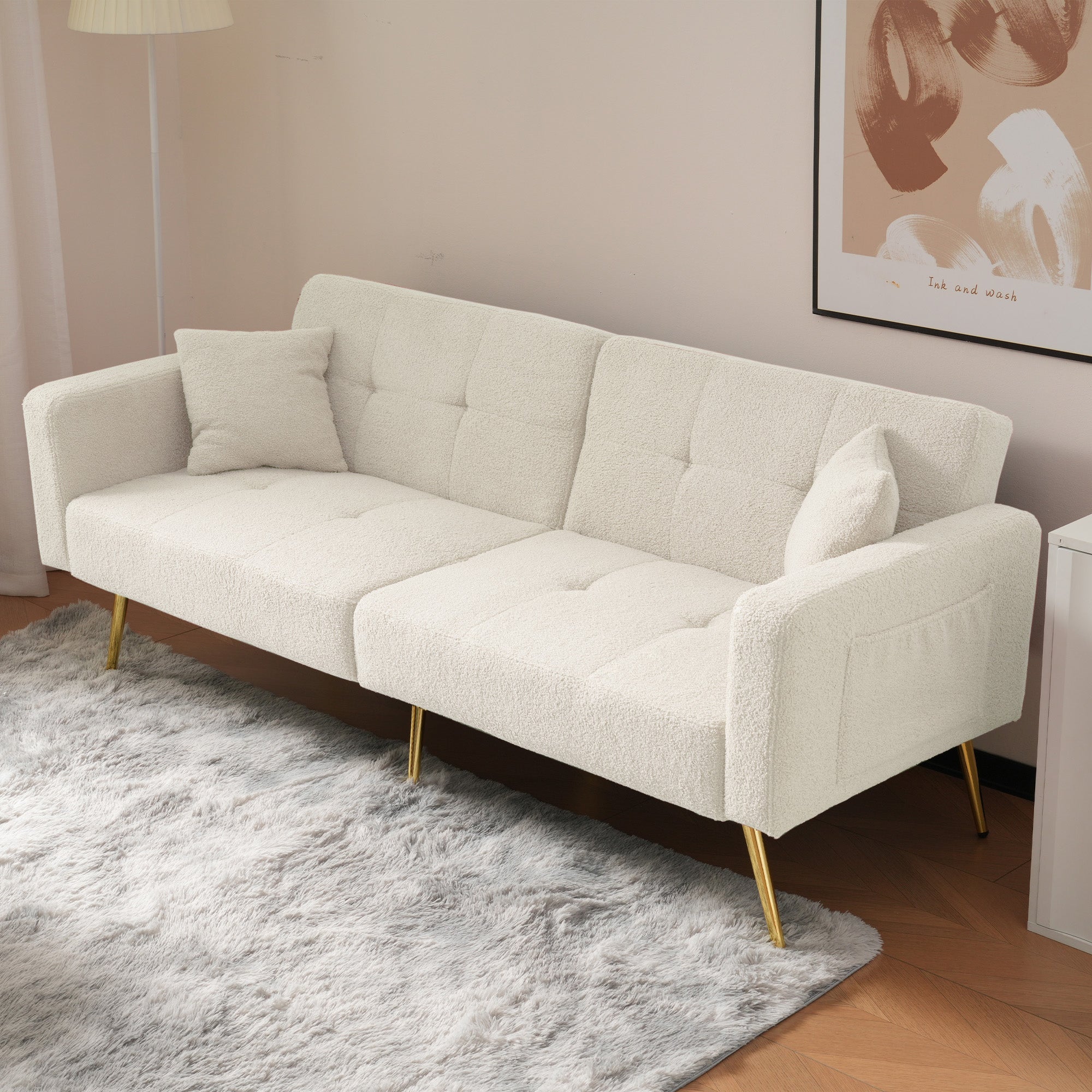 Sofa Bed, 3-Angle Adjustable Back, Gold Legs & Storage Pockets, Sherpa Fabric