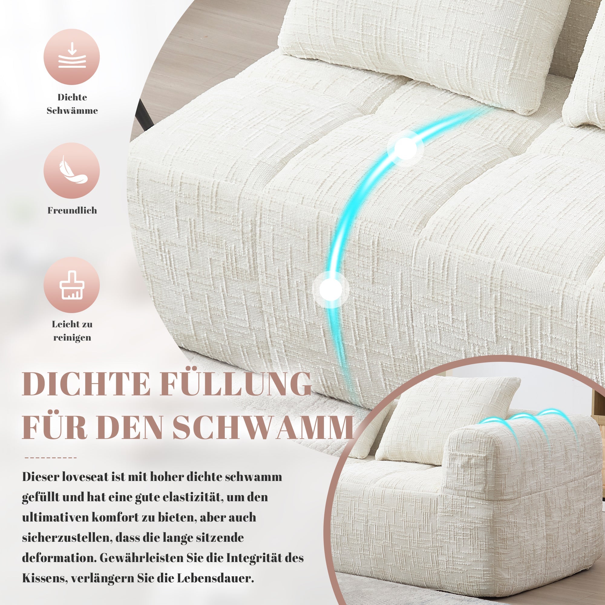 Sofa 2-Seater, Plush Cushion Side Pockets, Beige