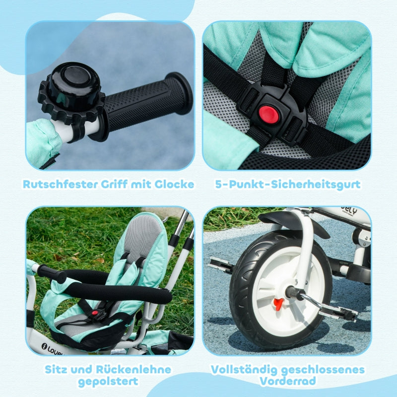 6-in-1 Tricycle with Push Bar, Sun Canopy, Safety Harness, Basket, Cup Holder, Green