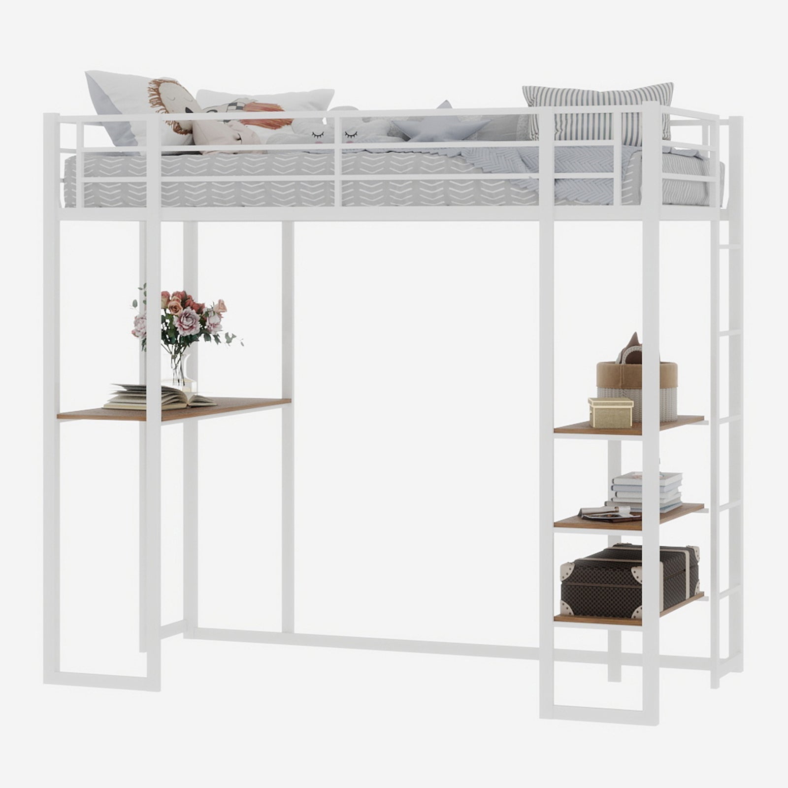 Iron Frame Bed, L-Shaped Desk, Railing, Stairs, Metal