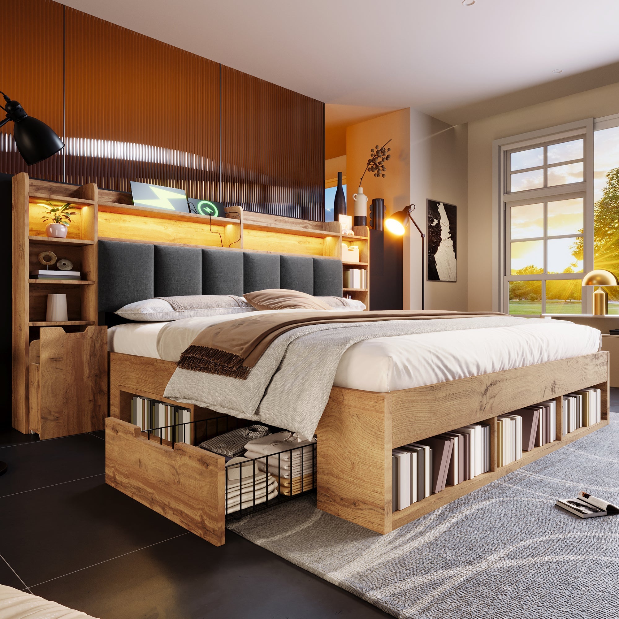 Double Bed System Bed with LED Headboard, Bedside Tables, USB Ports and Storage, 180x200cm, Oak Finish