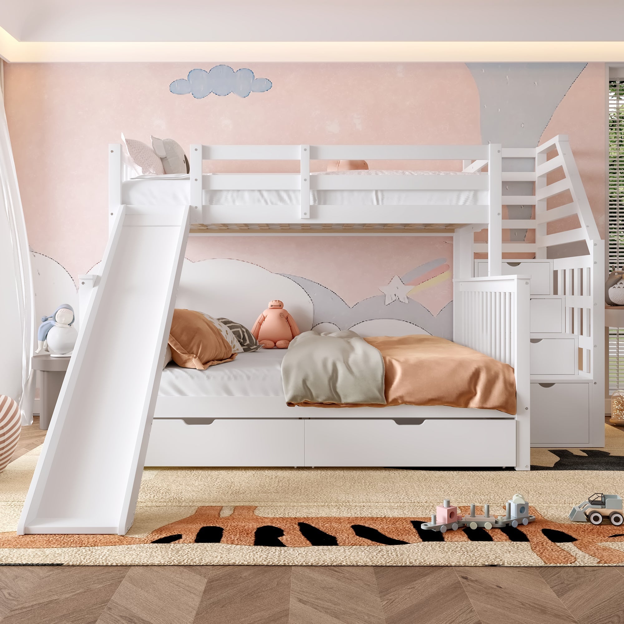 Bunk Bed 90x200 over 140x200 with Drawers Storage and Slide - White