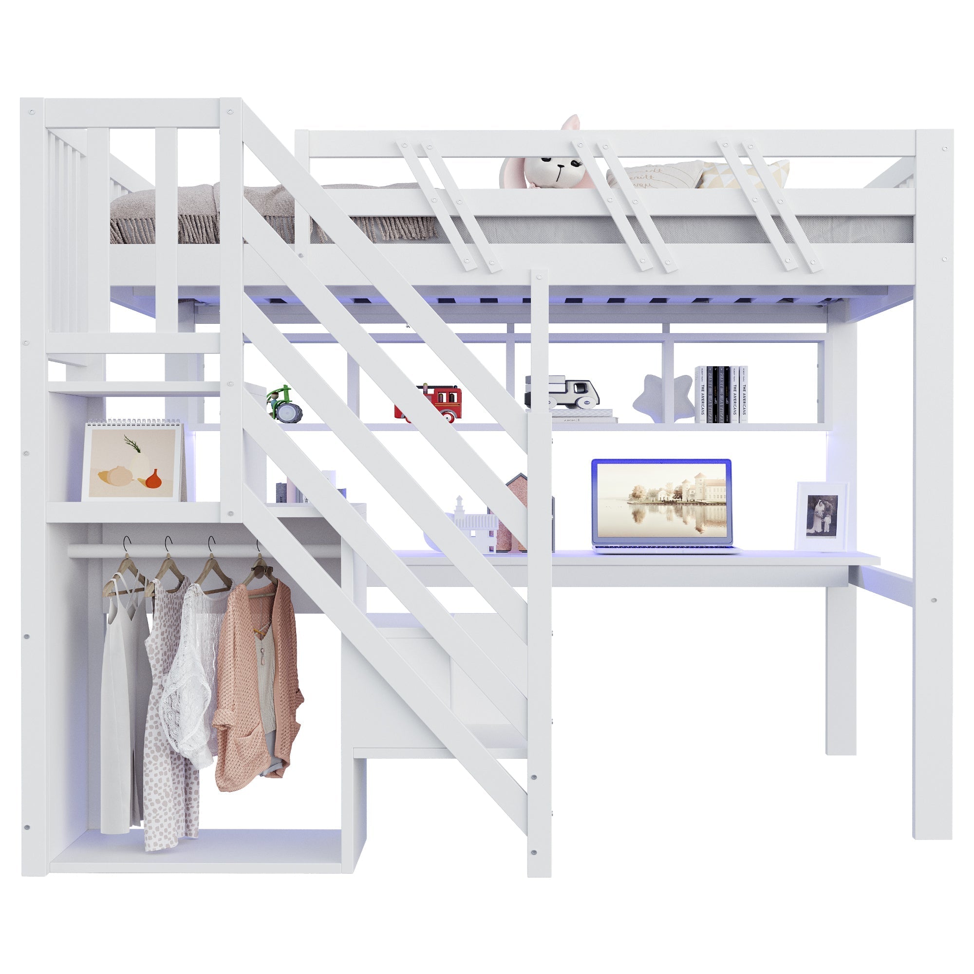 Solid Wood Loft Bed 140x200 with Desk, Storage Stairs, USB and LED, White