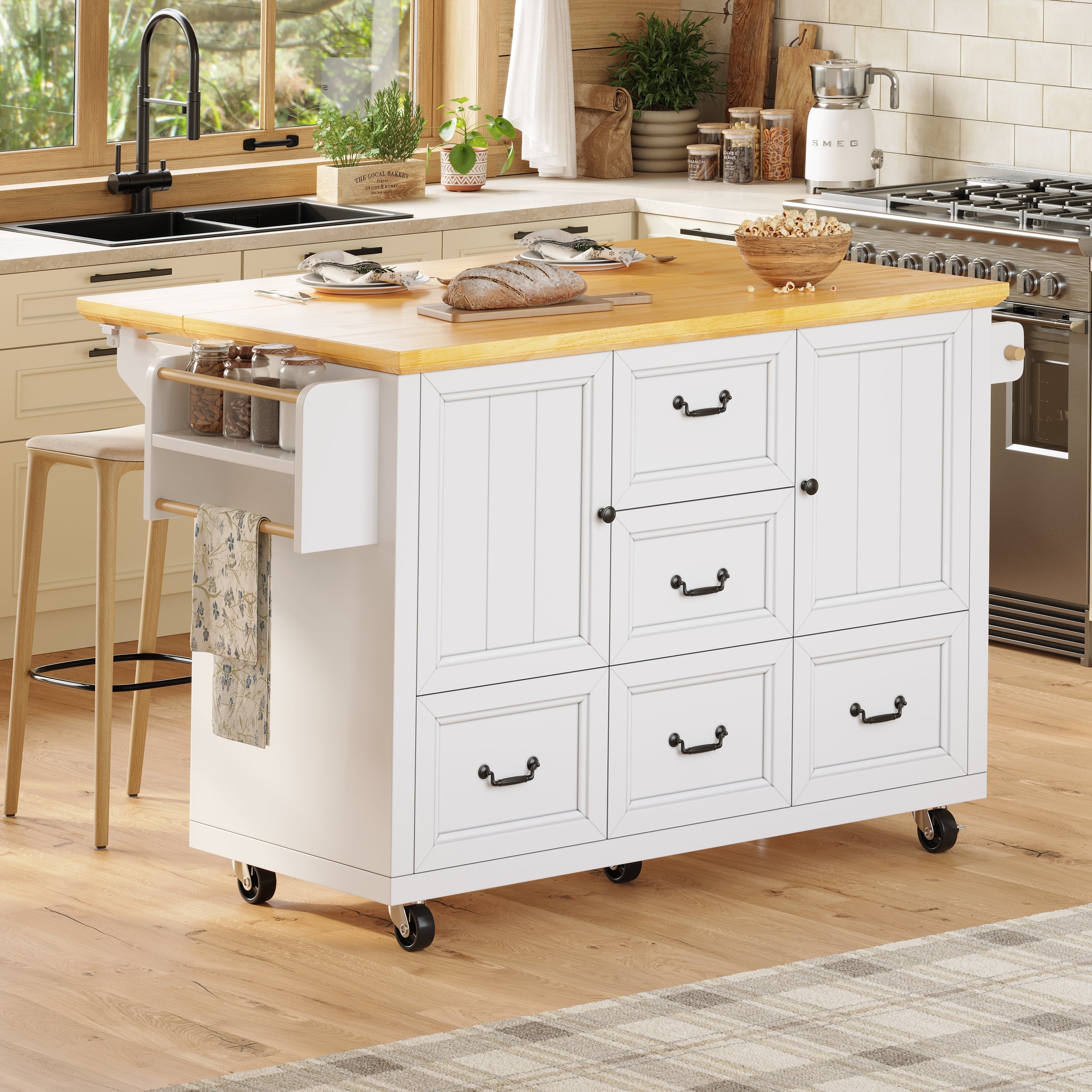 Kitchen Island Extendable Trolley 5 Drawers Towel/Spice Rack - White/Black