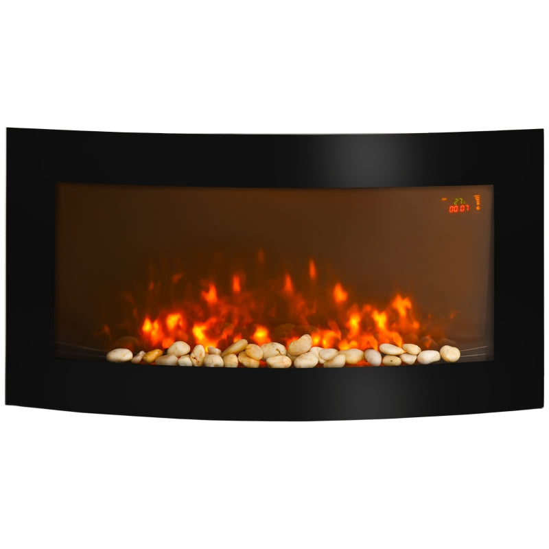 Led Wall Mounted Fireplace, Curved Glass Slimline 1000/2000W 7 Colour Side Lights, Electric Fire Place
