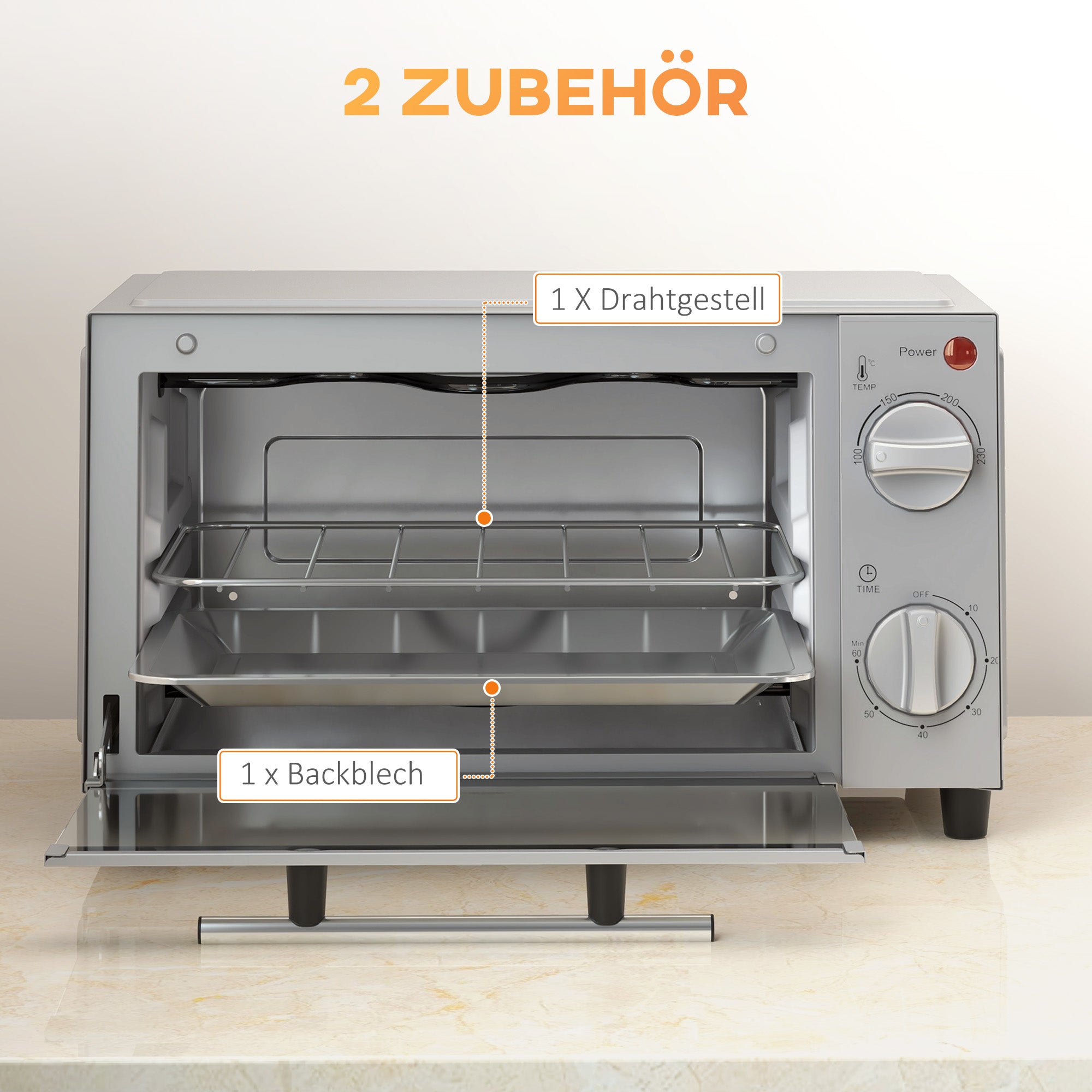 Mini Oven 9L, Baking Tray, Grill Rack, 100-230°C, 60-Min Timer, 750W, Stainless Steel, Silver