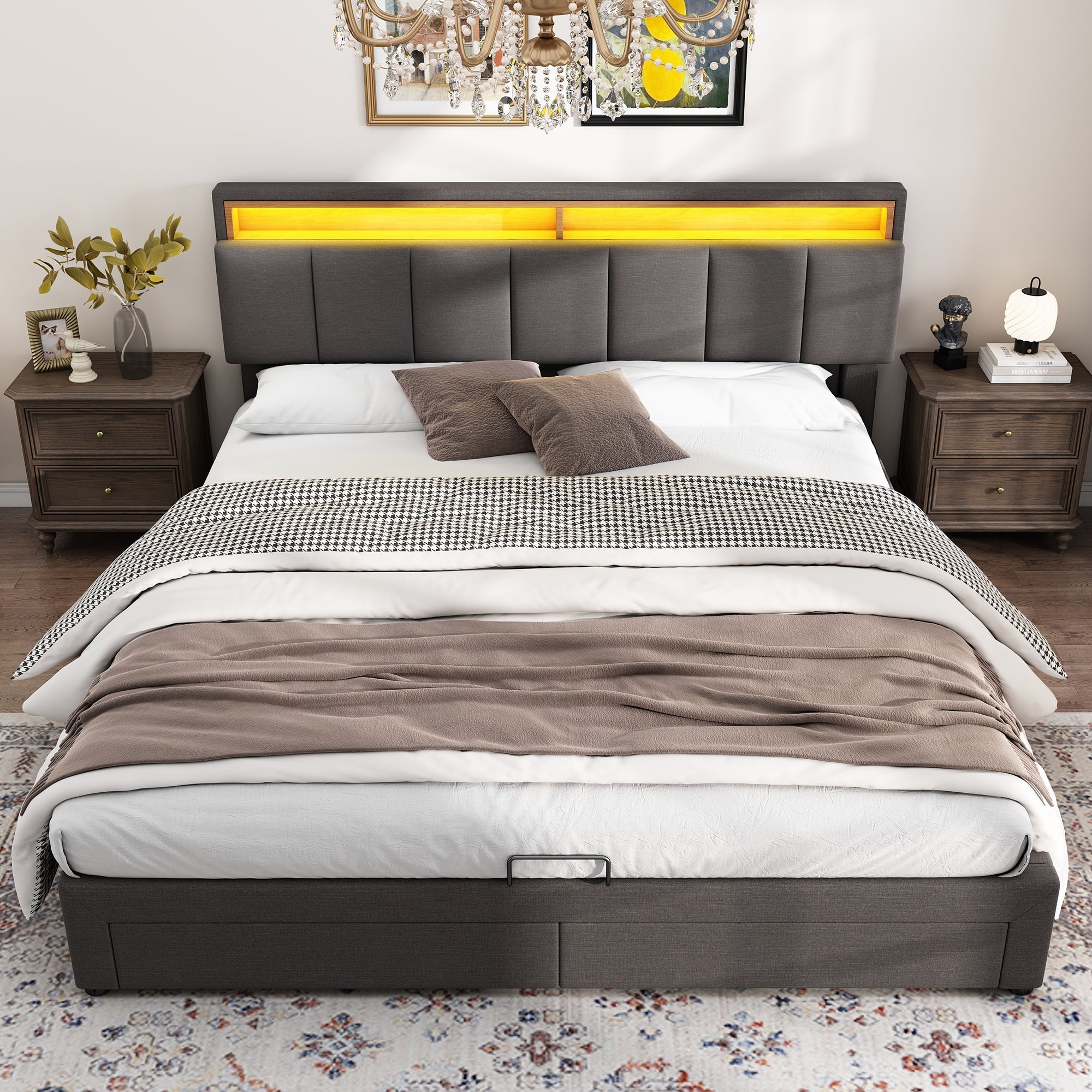 Upholstered Double Bed 160x200cm Hydraulic Storage LED Stowable Headboard - Linen Grey