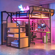 Metal Loft Bed with Desk, Shelf, Storage Net, LED and Socket, 140x200cm, Black Metal