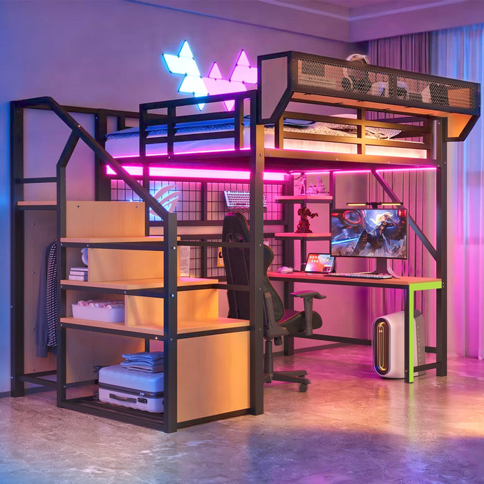 Metal Loft Bed with Desk, Shelf, Storage Net, LED and Socket, 140x200cm, Black Metal