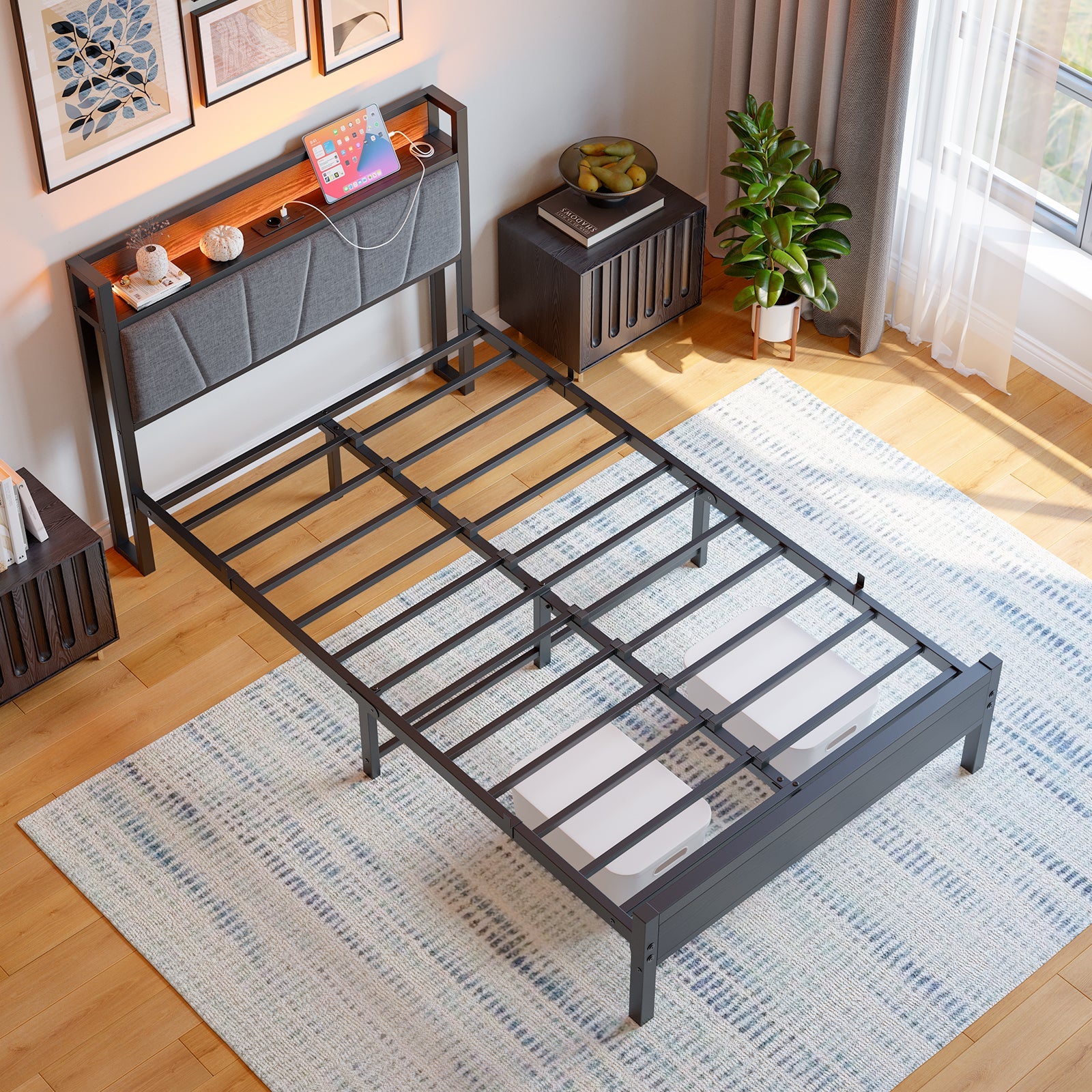 Bed Frame 120x200cm Smart LED USB Memory Headboard - Metal Slatted