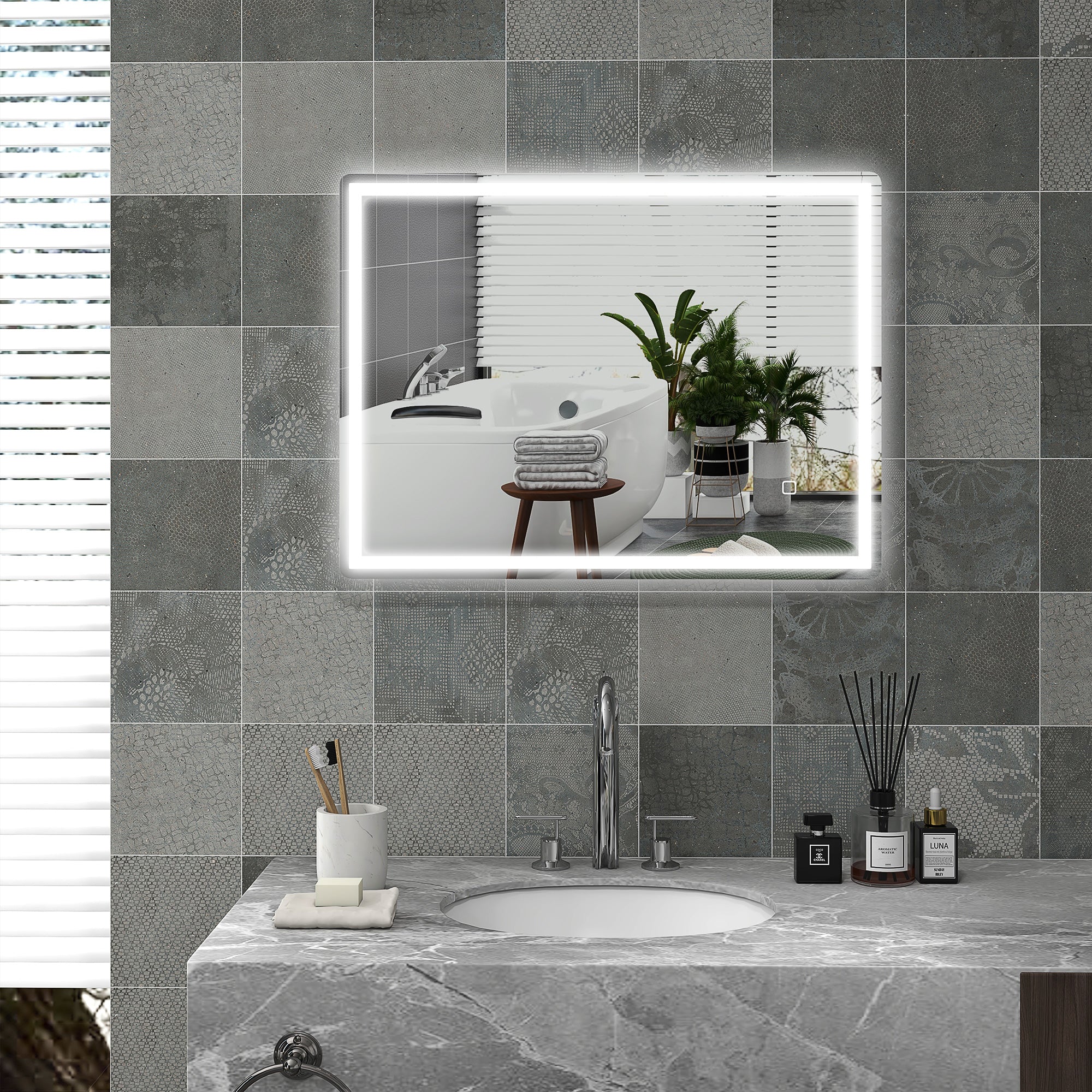 Dimmable Bathroom Mirror 80x60cm Memory Anti-Fog Surface, Glass