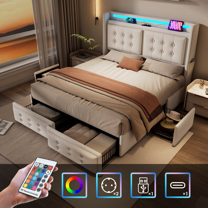 Upholstered Bed 160x200, Double with LED Headboard, USB-C Charging & 4 Drawers, Beige Cotton