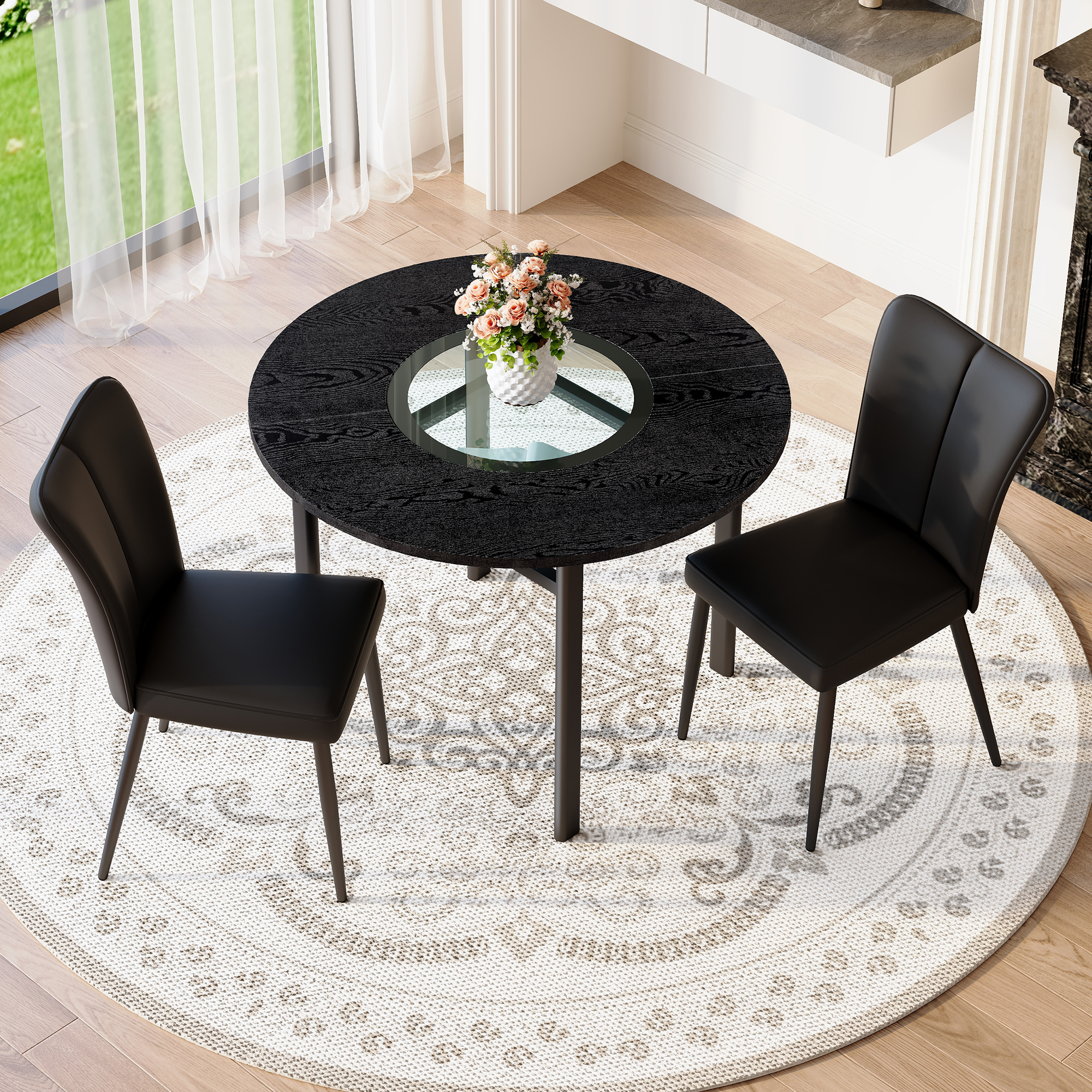 Round Table Set 100cm Diameter Modern Minimalist with 2 Armchairs Black Wood Look