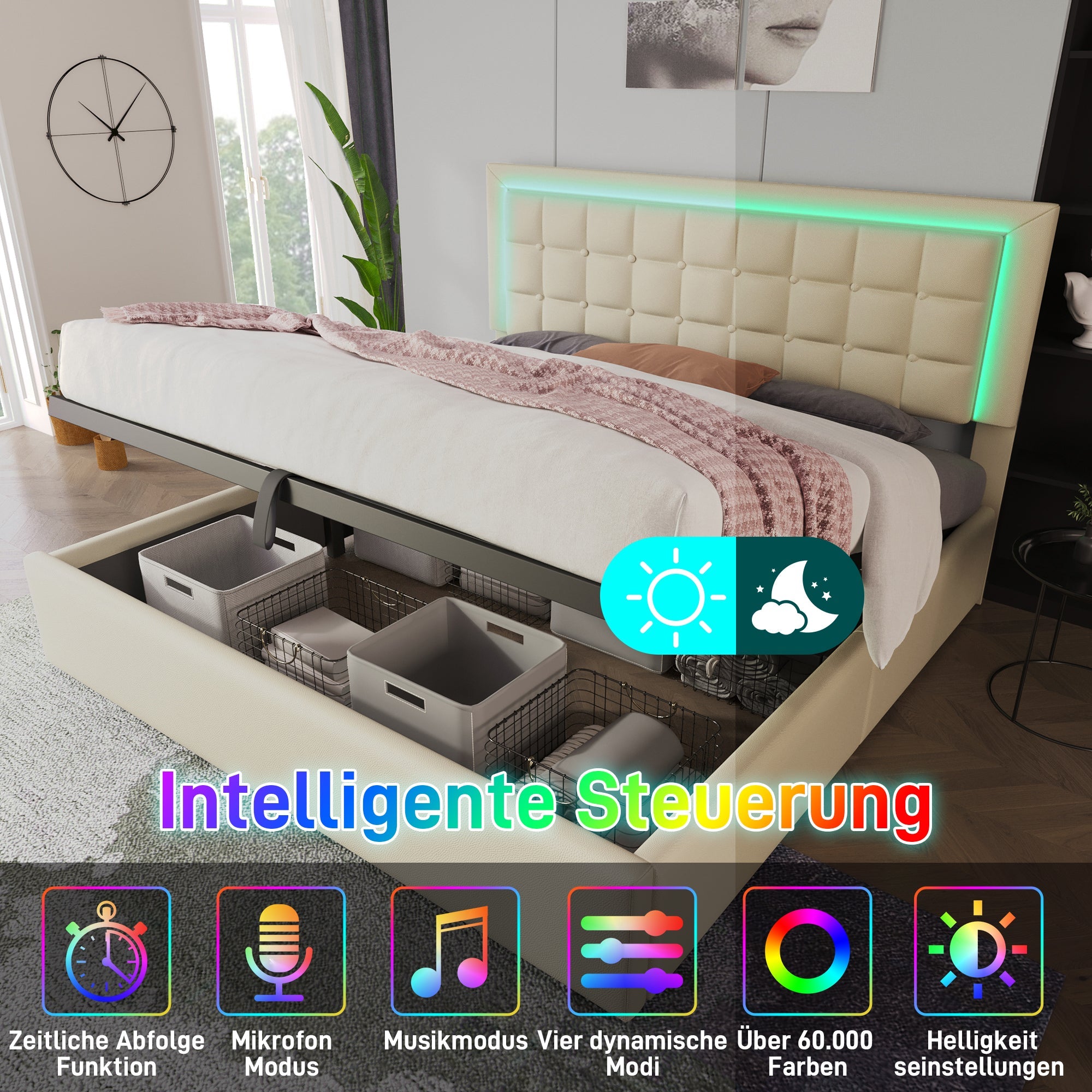 Upholstered Bed with LED Lighting, Storage Space and Mattress, 160x200cm, White Faux Leather