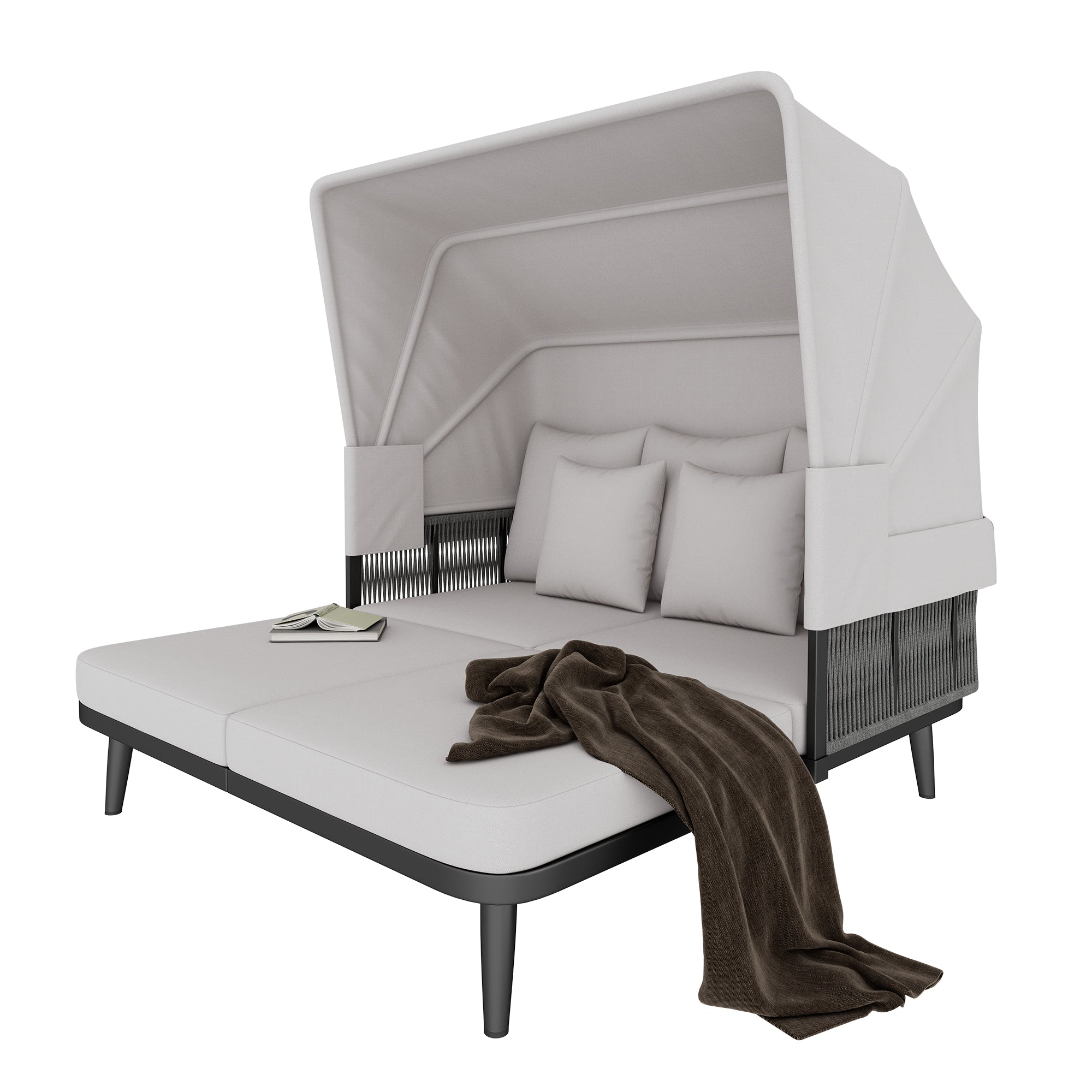 2-Person Garden Sun Lounger with Retractable Awning and Handwoven Rope, Grey