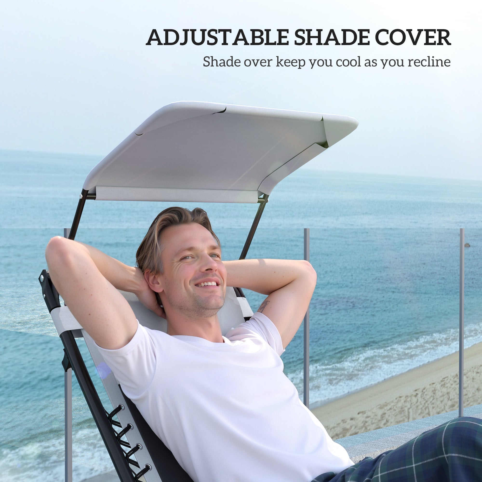 Zero Gravity Lounger Chair Set of 2, Folding Reclining Patio Chair with Shade Cover, Light Grey