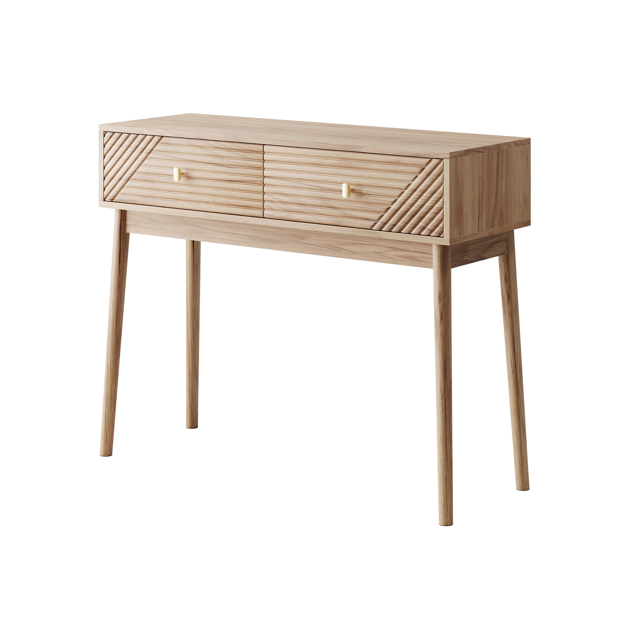 Mid-Century Modern Console Table with Drawers and Open Shelves, Oak Color