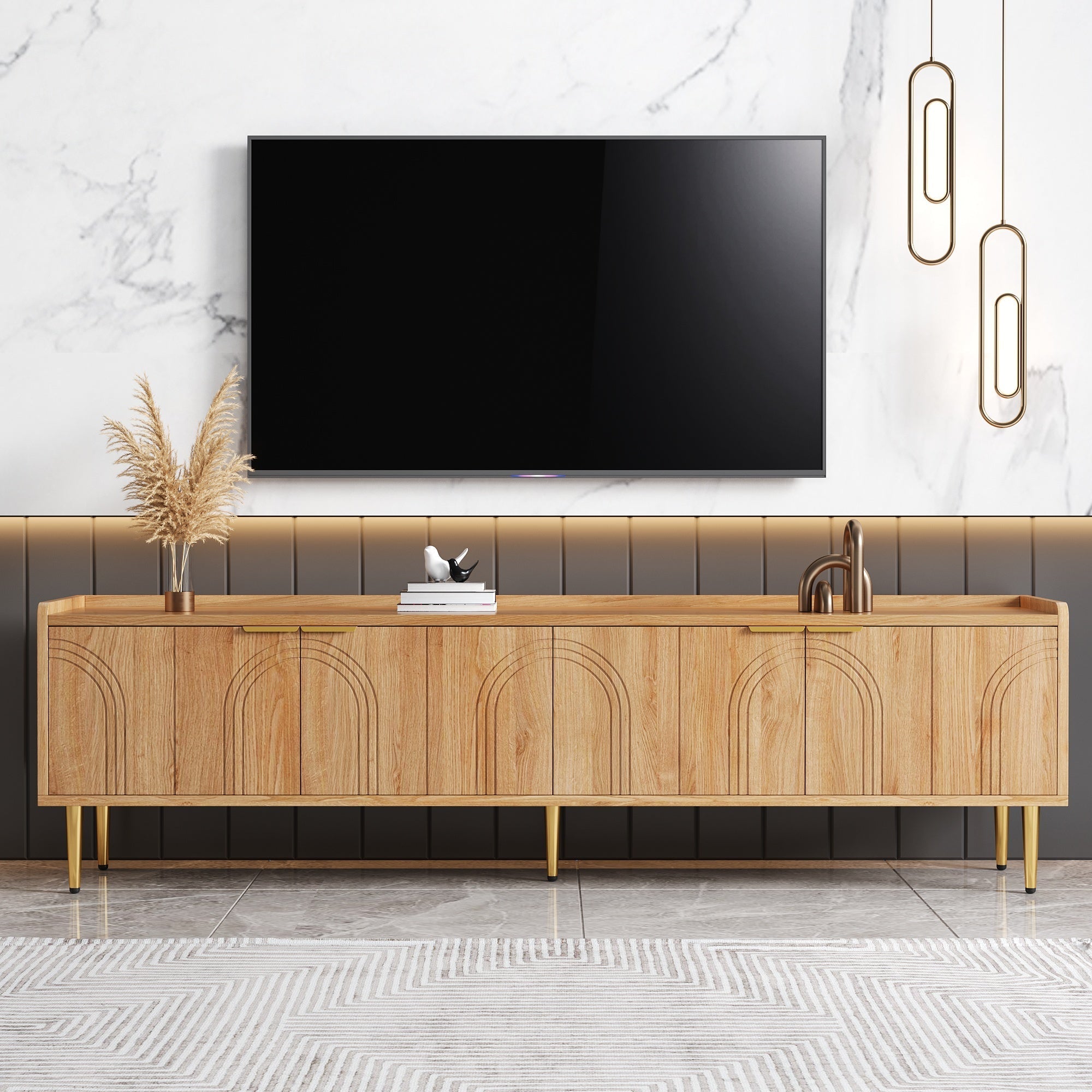 TV Cabinet Lowboard, Textured Door Gold Handles and Feet, 170cm MDF