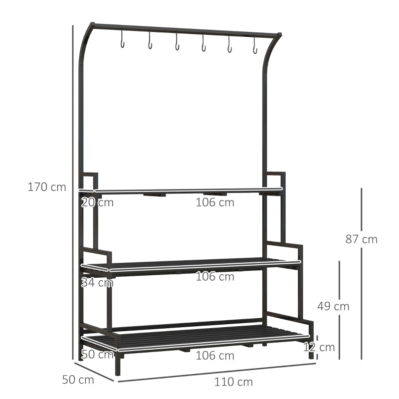 Flower Stand 3 Tiers 6 Hooks Indoor & Outdoor Metal Black