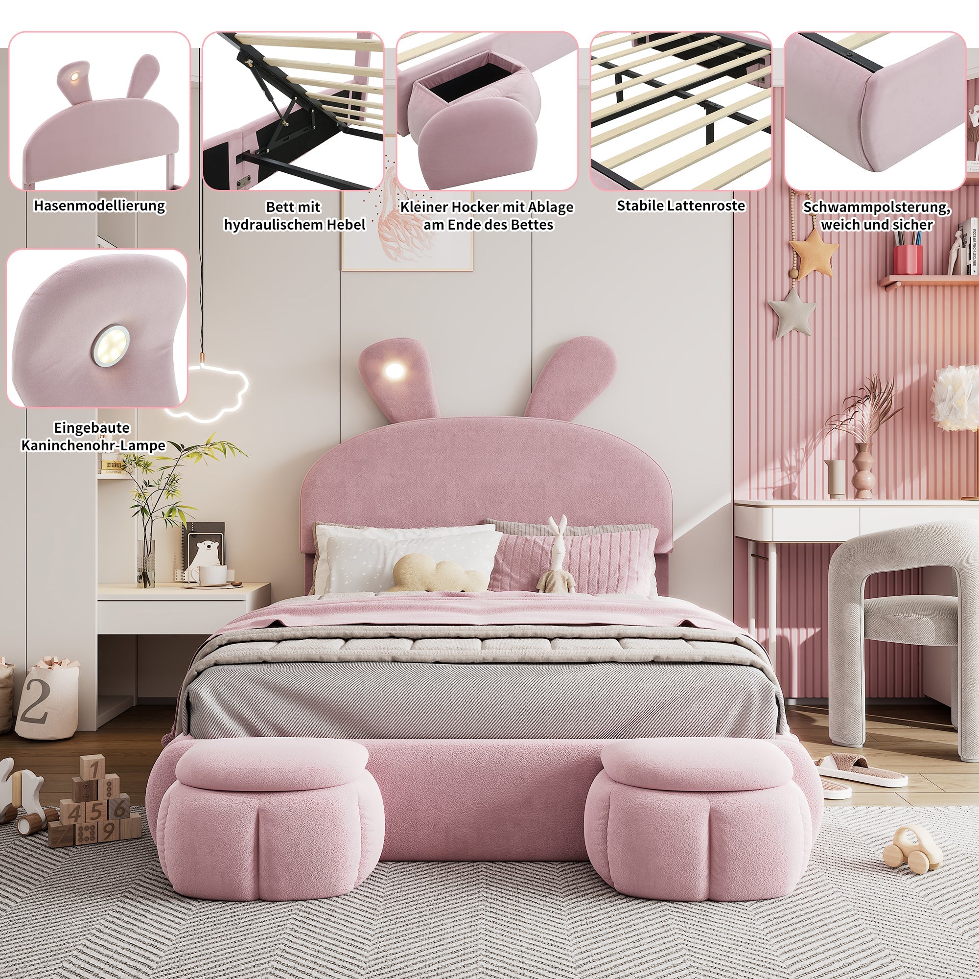 Upholstered Bed Hydraulic Storage, Bunny Ears LED Strips, 140x200cm, Stools, Velvet Pink