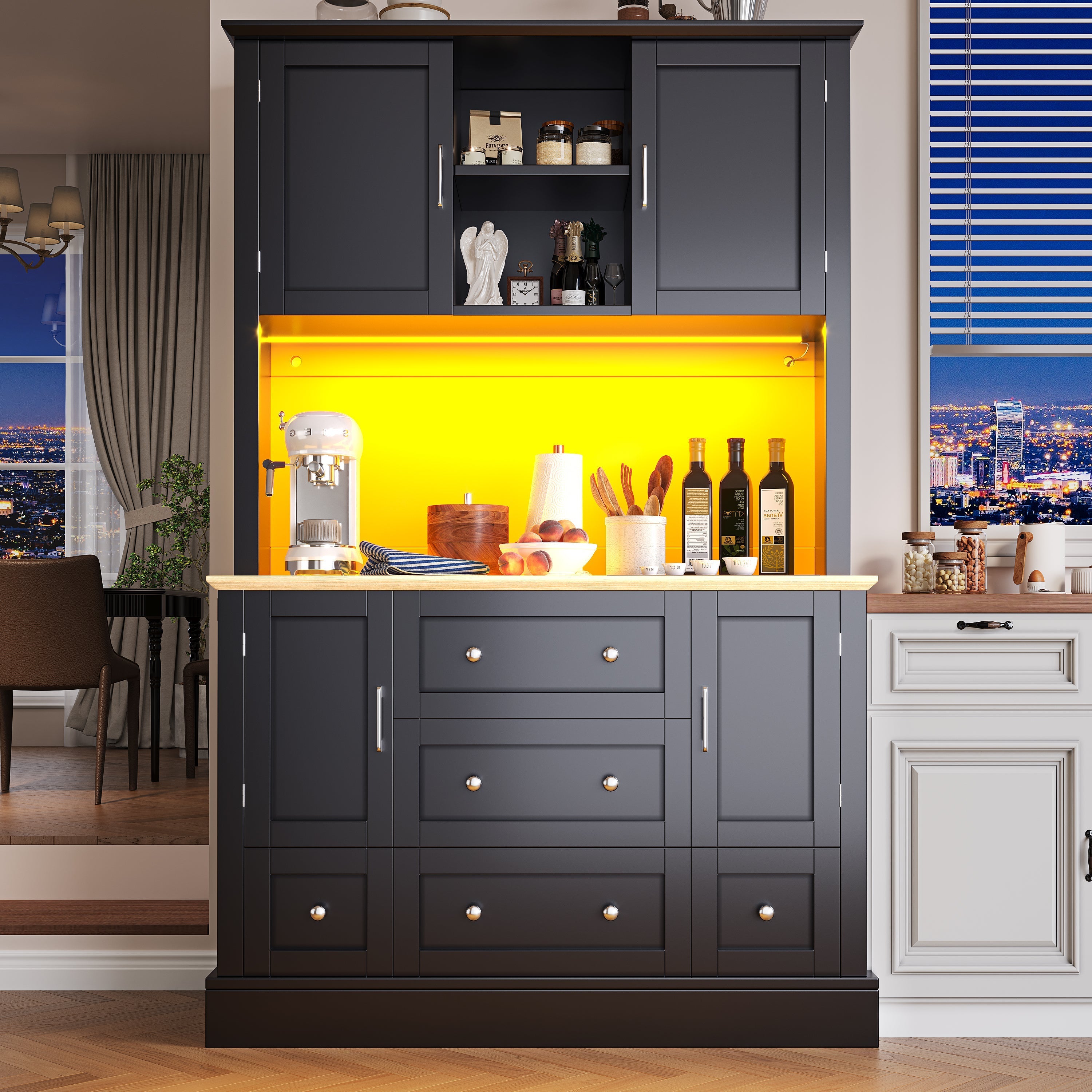 Snack Cabinet Tall Dining Sideboard with 5 Drawers & LED Lighting, Black